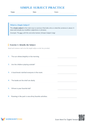Simple Subject Practice Worksheet | Grade 3-5 Essential