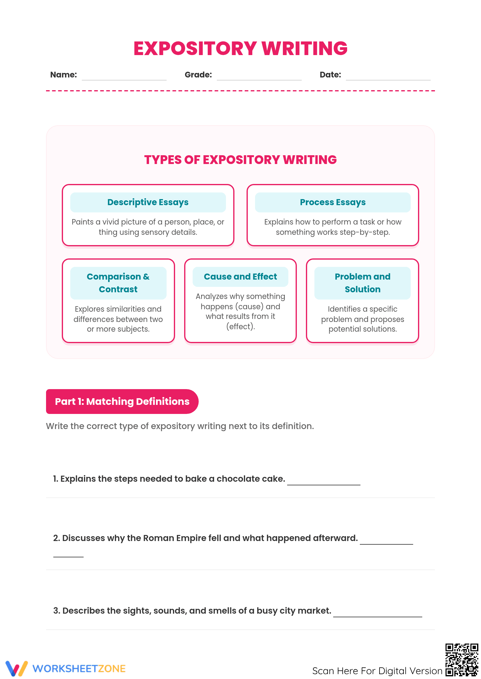 Types of Expository Writing Worksheet | Grade 6 Printable - Page 1
