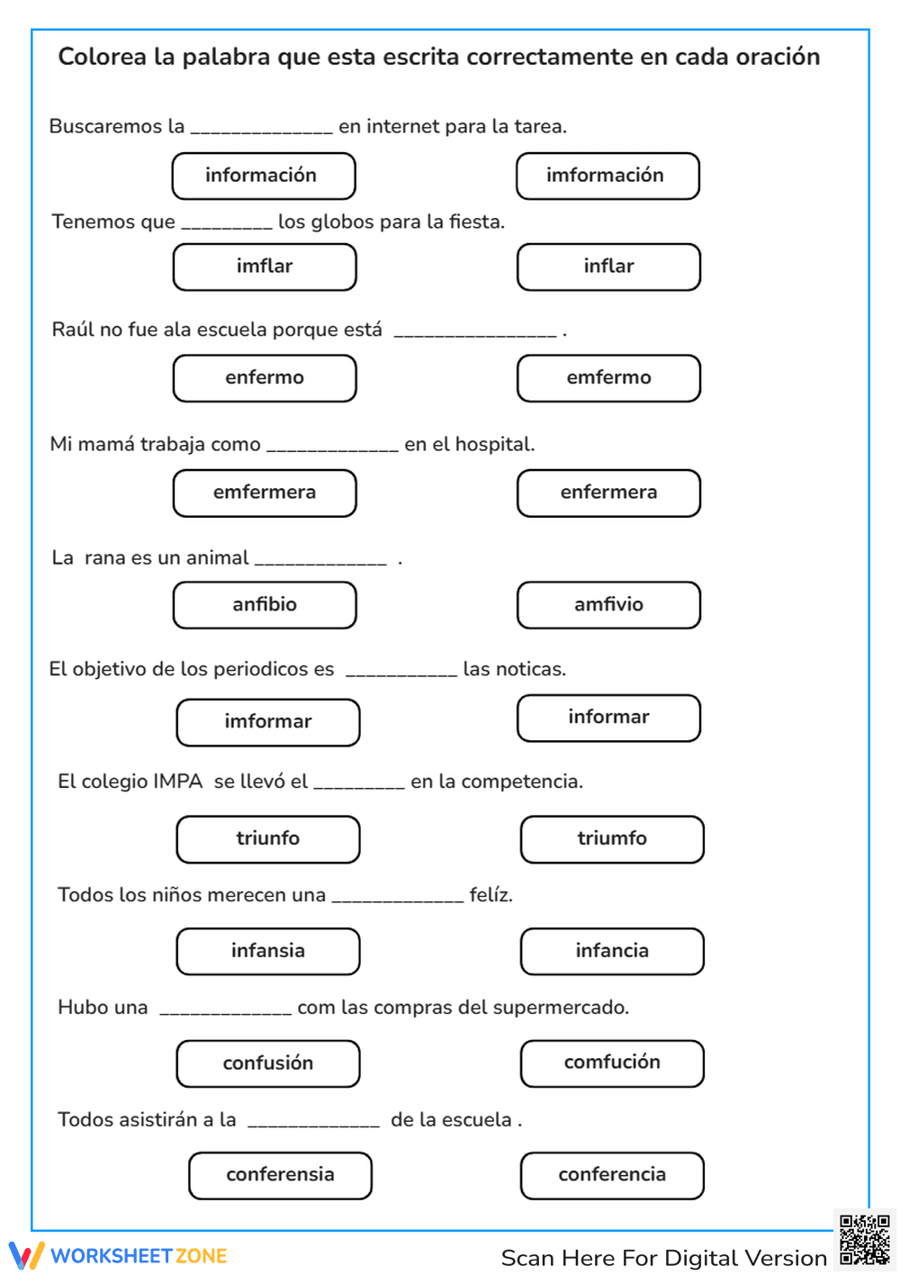 Printable Palabras con NF Worksheet | Grade 2 Grammar - Page 1