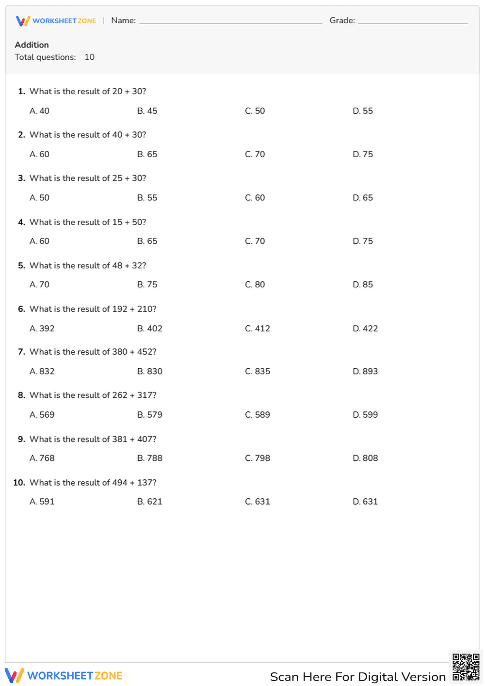 Addition Practice – Interactive Math Quiz - Page 1