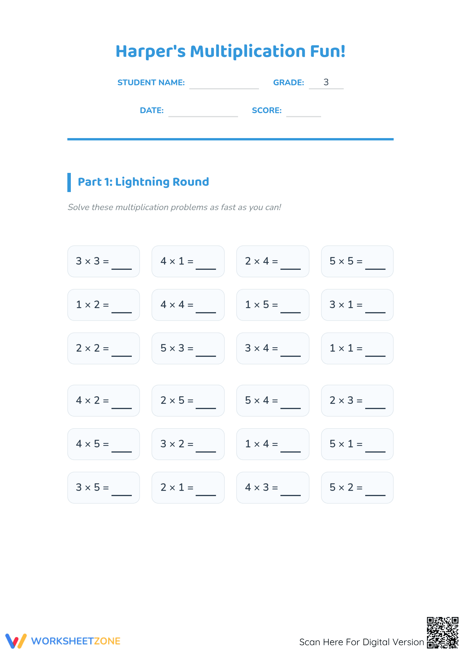Grade 3 Multiplication Practice — Essential Worksheet - Page 1