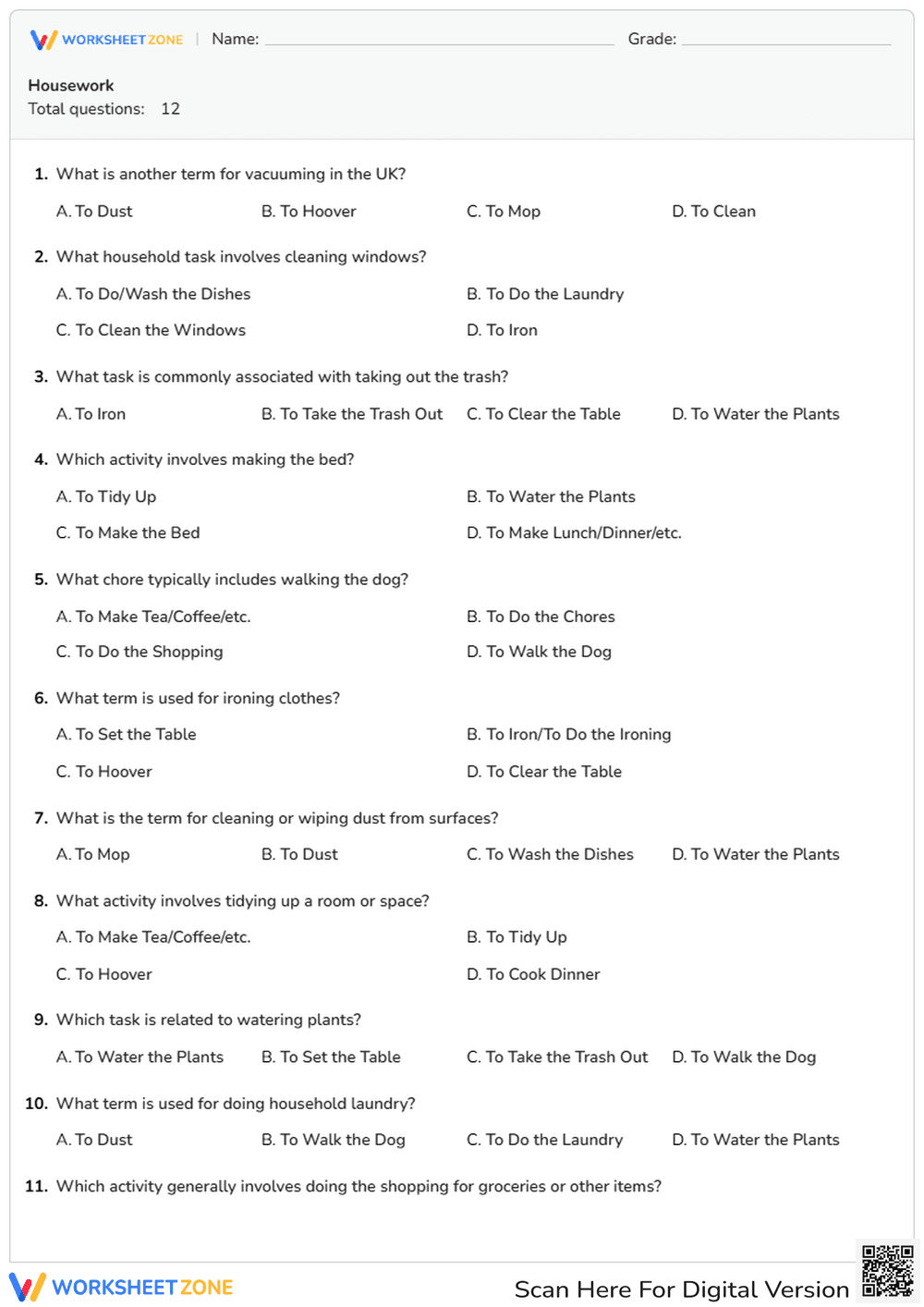 Grade 1 Housework Vocabulary — Printable No-Prep Worksheet - Page 1