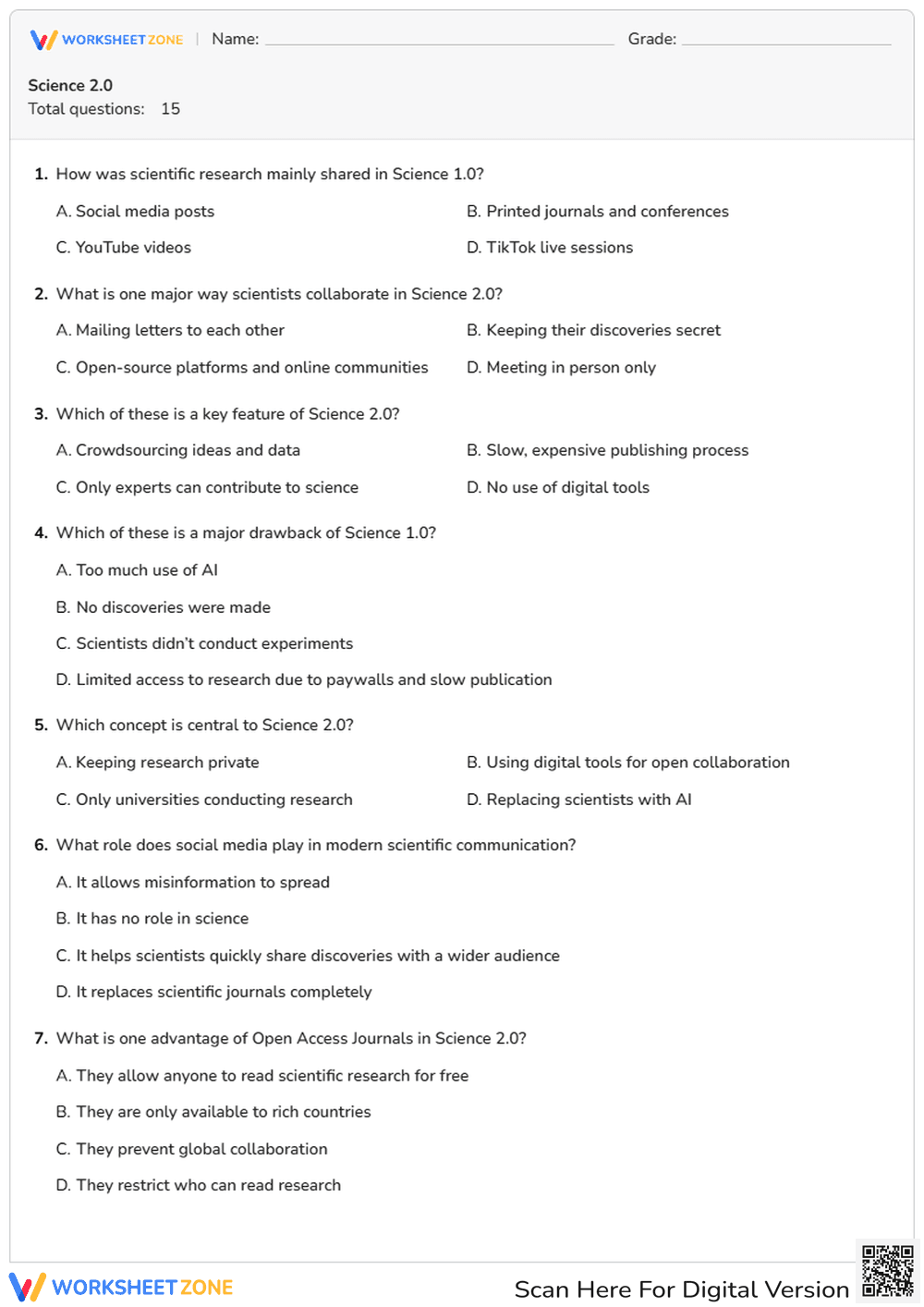Science 2.0 Worksheet | Essential College Communication - Page 1