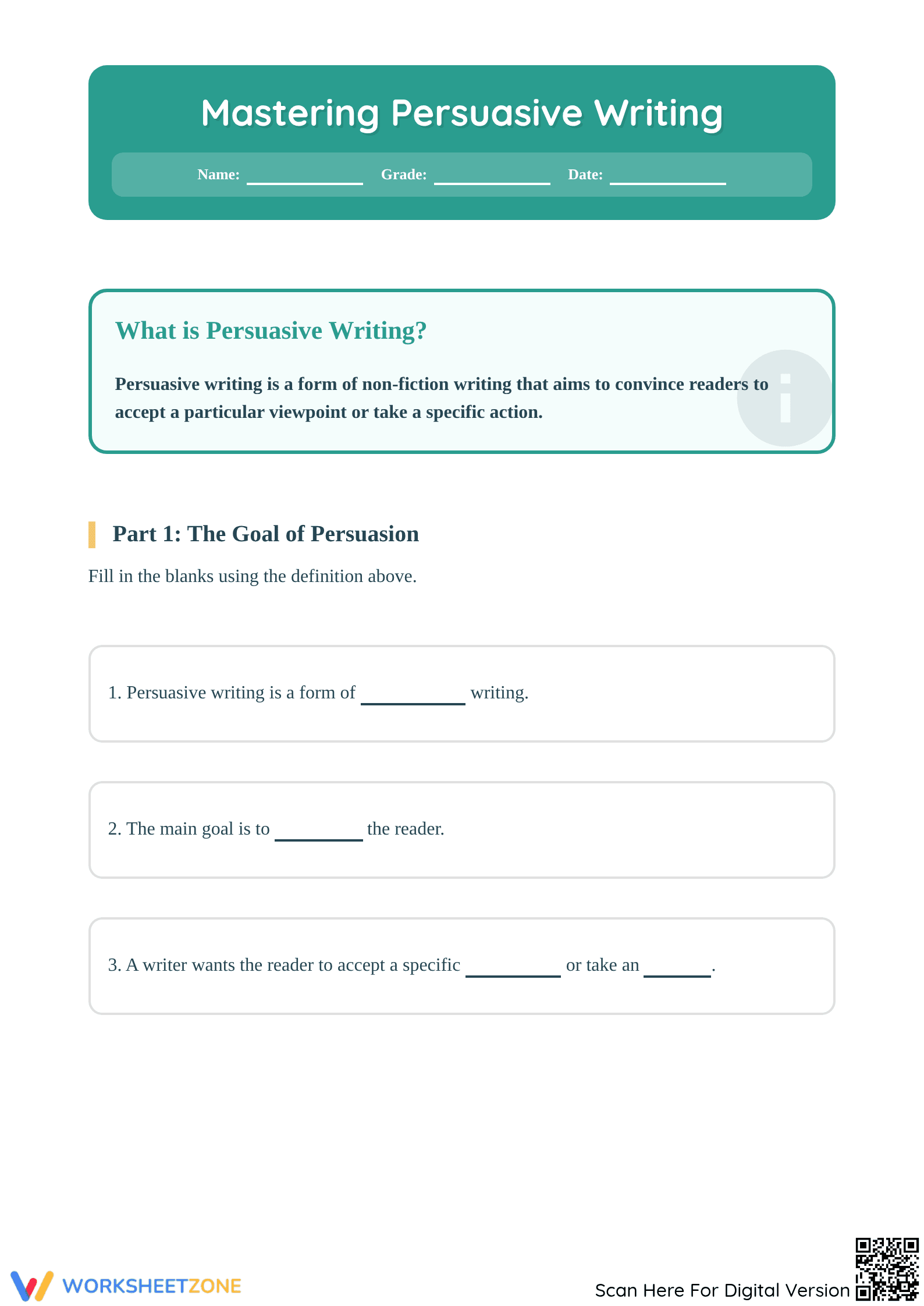 Printable Persuasive Writing Worksheet | Grade 5 ELA - Page 1