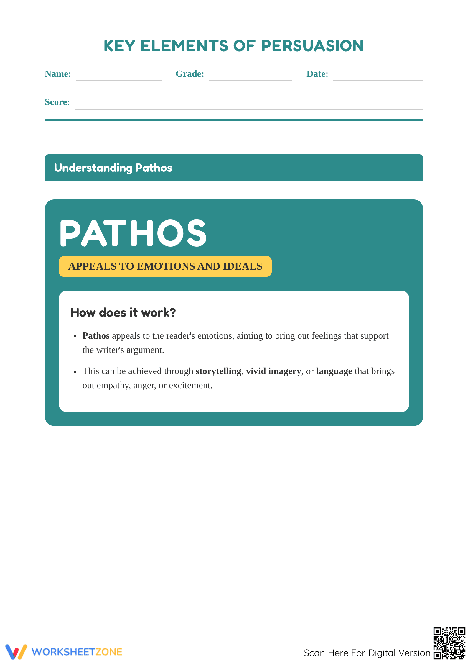 Pathos Writing Worksheet | Essential Grade 5 Persuasion - Page 1
