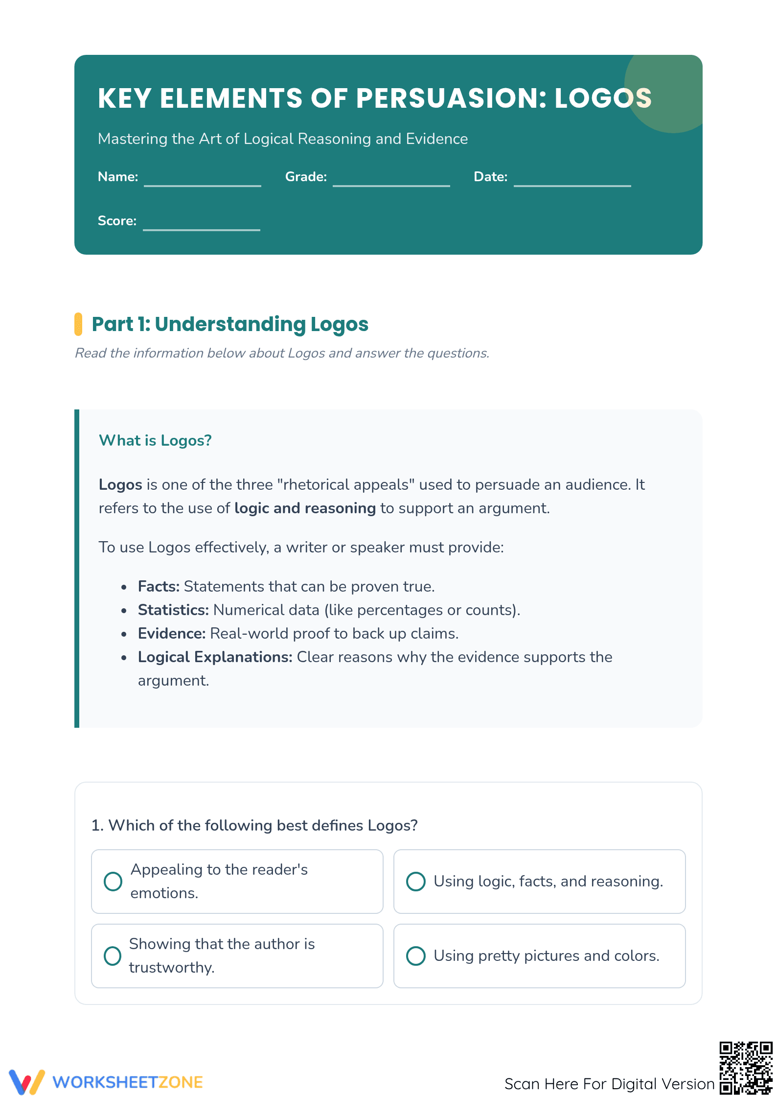 Grade 5 Logos Writing Worksheet | Essential Persuasion - Page 1