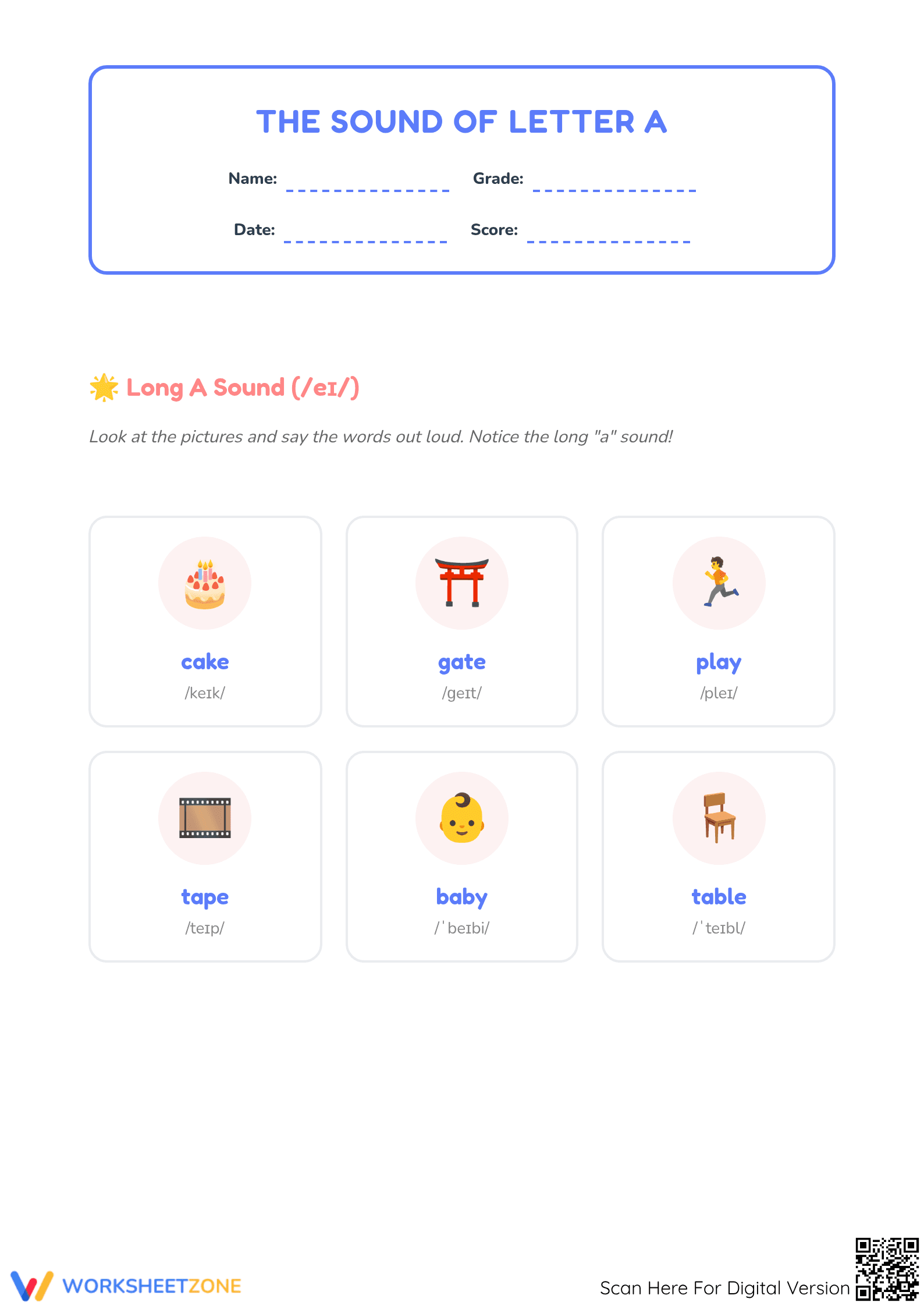 Long A Sound Phonics Worksheet | Grade 1-2 Essential - Page 1