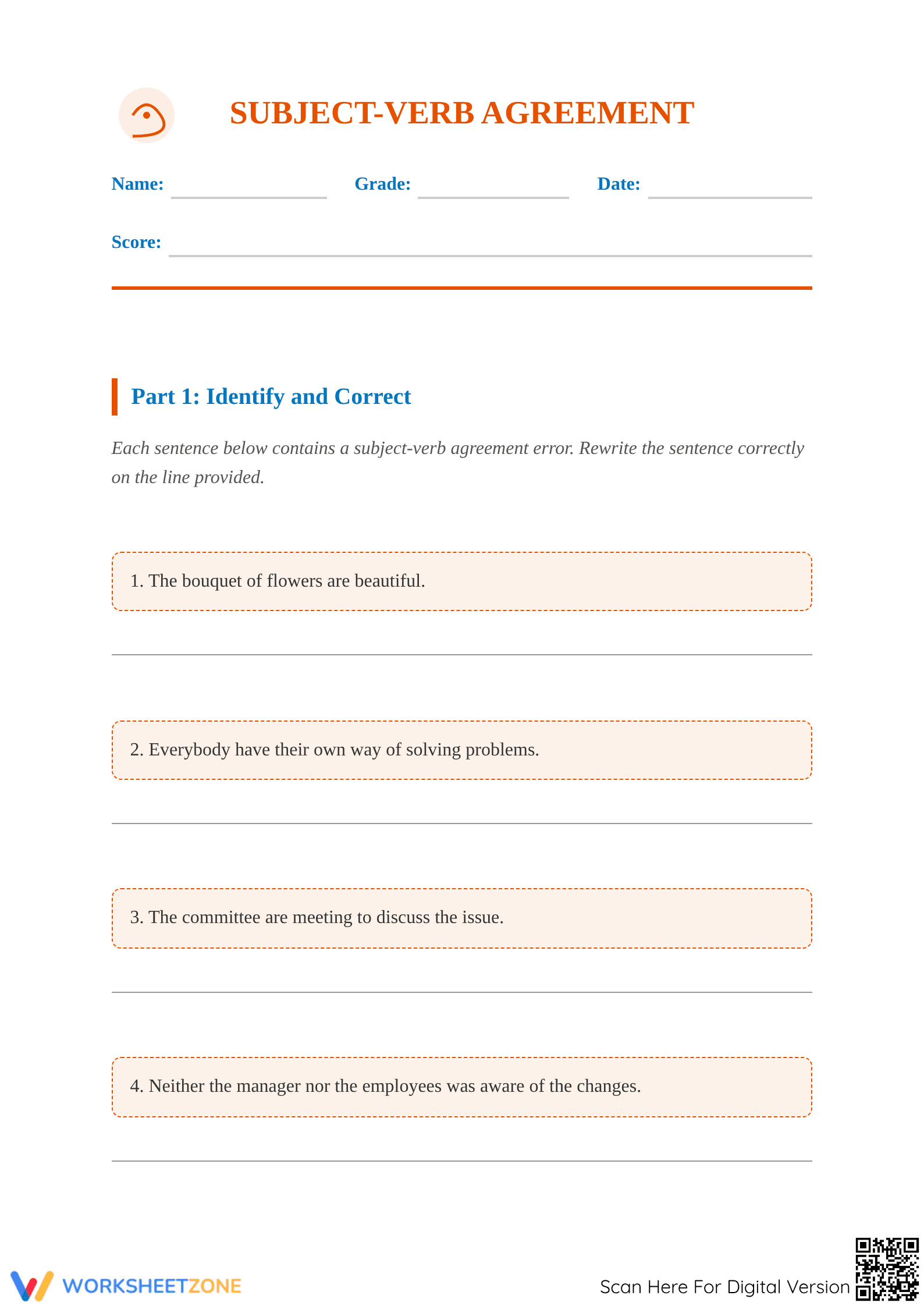 Essential Subject-Verb Agreement Worksheet | Grade 4 - Page 1