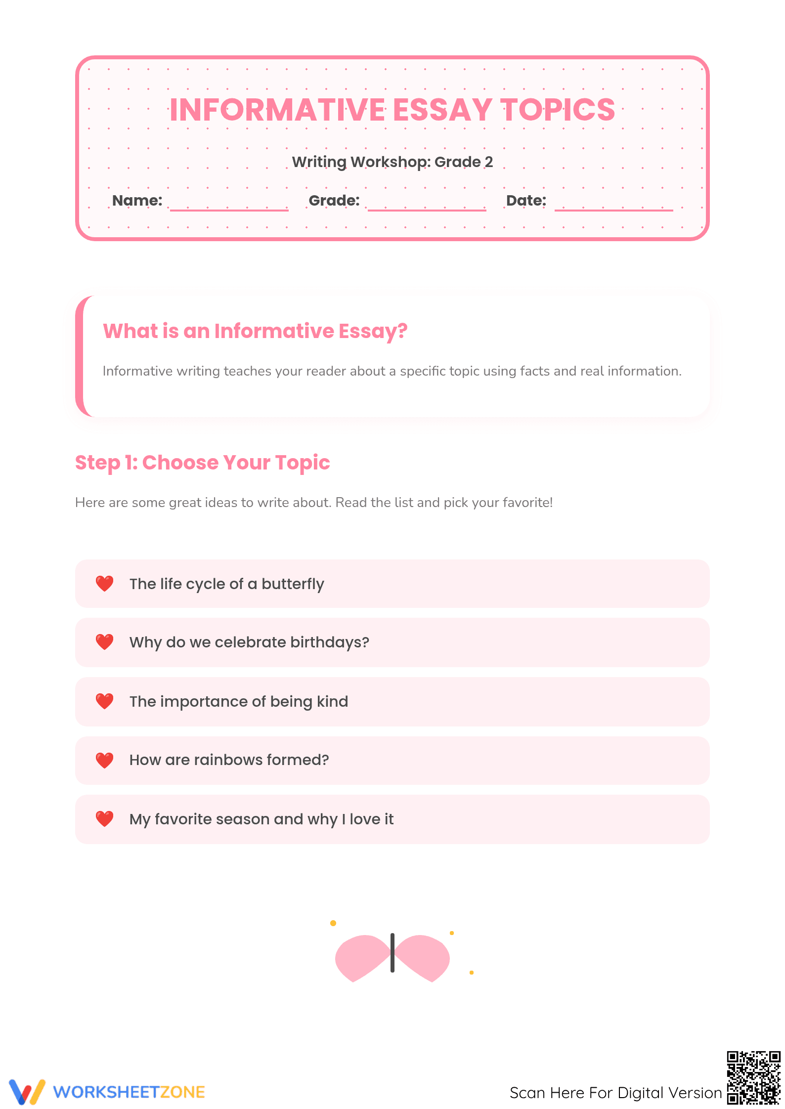 Informative Essay Topics Worksheet | Grade 2 Printable - Page 1