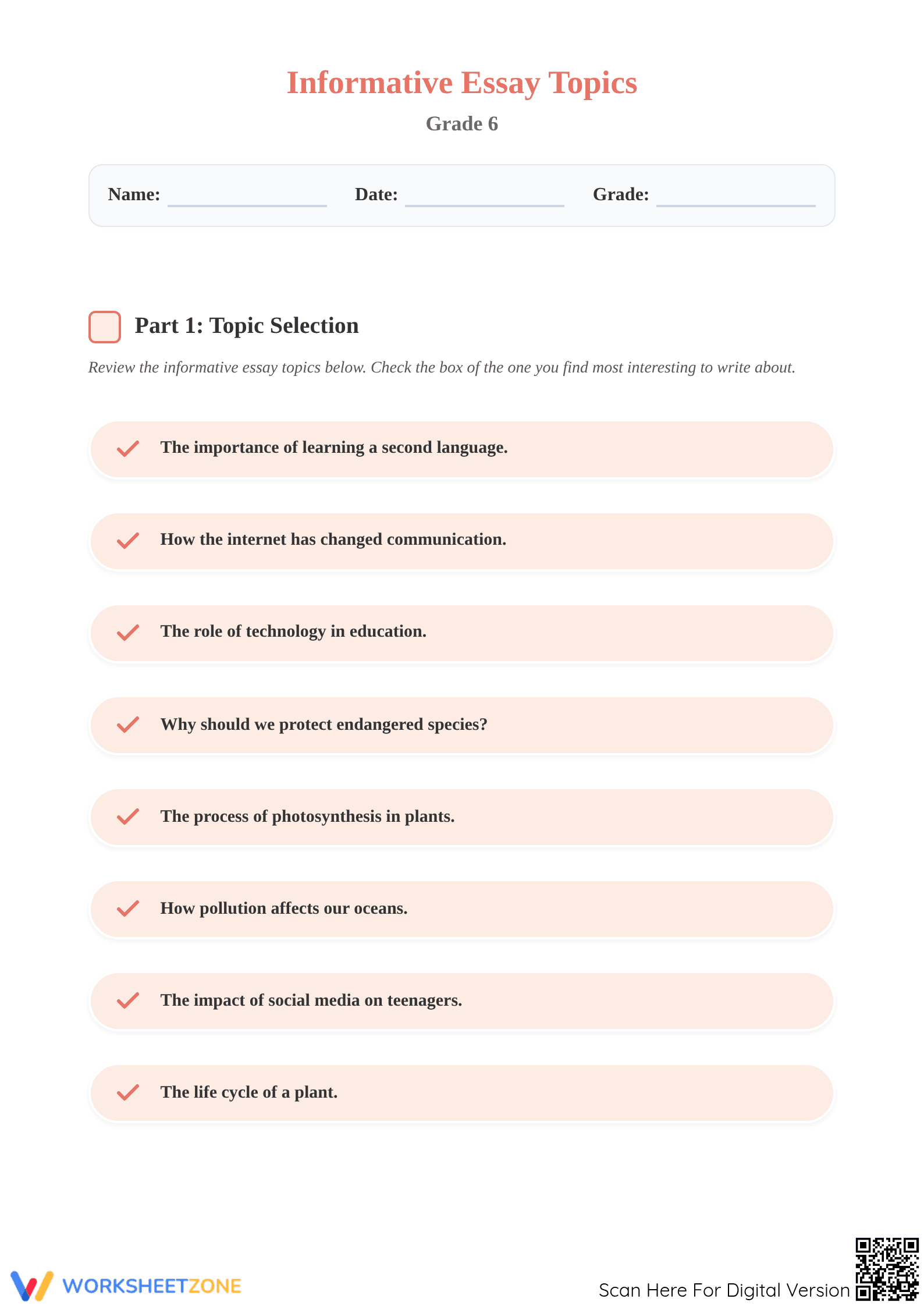 Informative Essay Planning Worksheet | Grade 6 Printable - Page 1