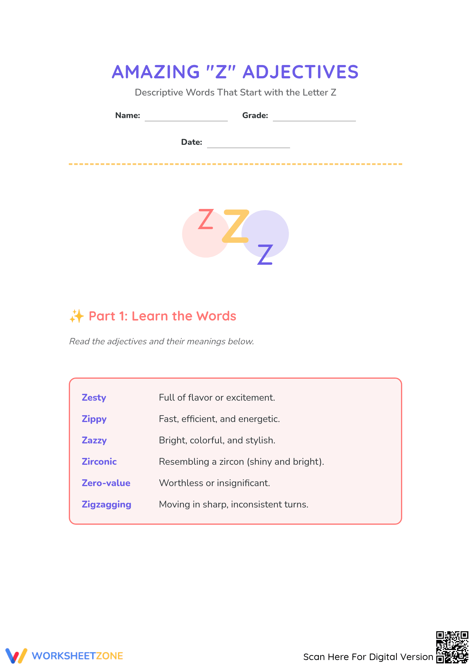 Z Adjectives Worksheet | Grade 2 ELA Printable - Page 1
