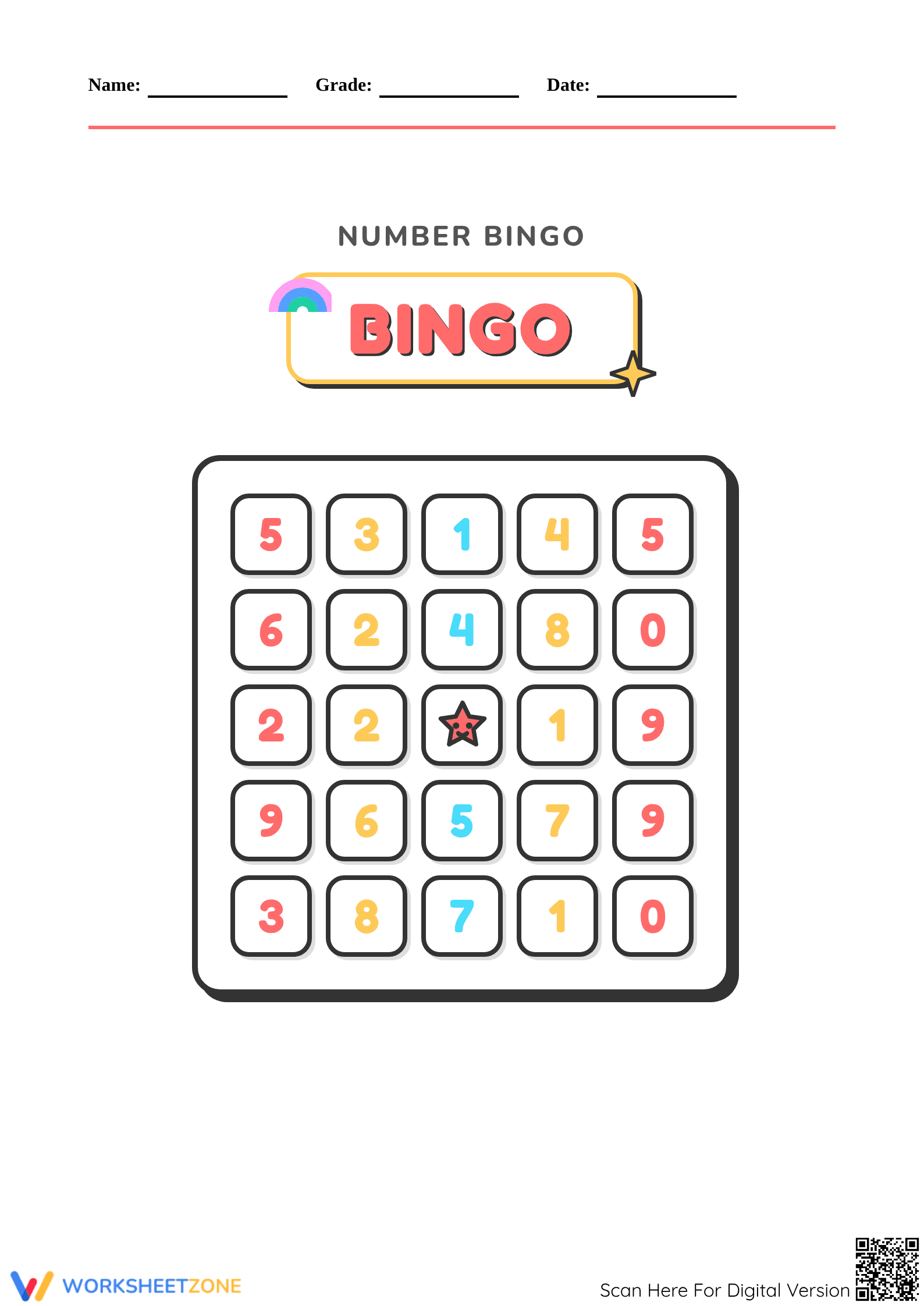 Number Bingo Worksheet | Grade 1 Printable - Page 1