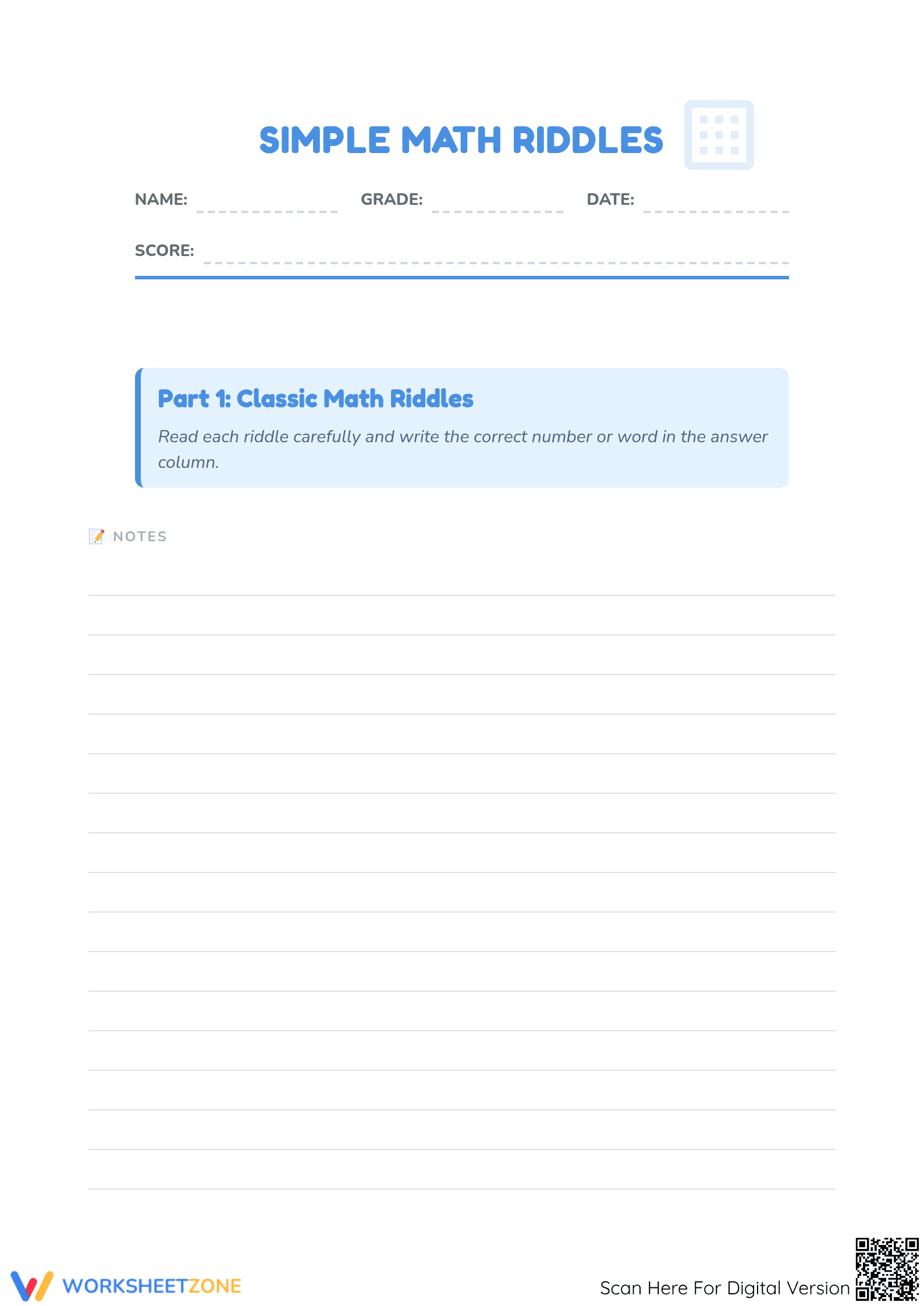 Essential Math Riddles Worksheet | Grade 3-5 Logic - Page 1