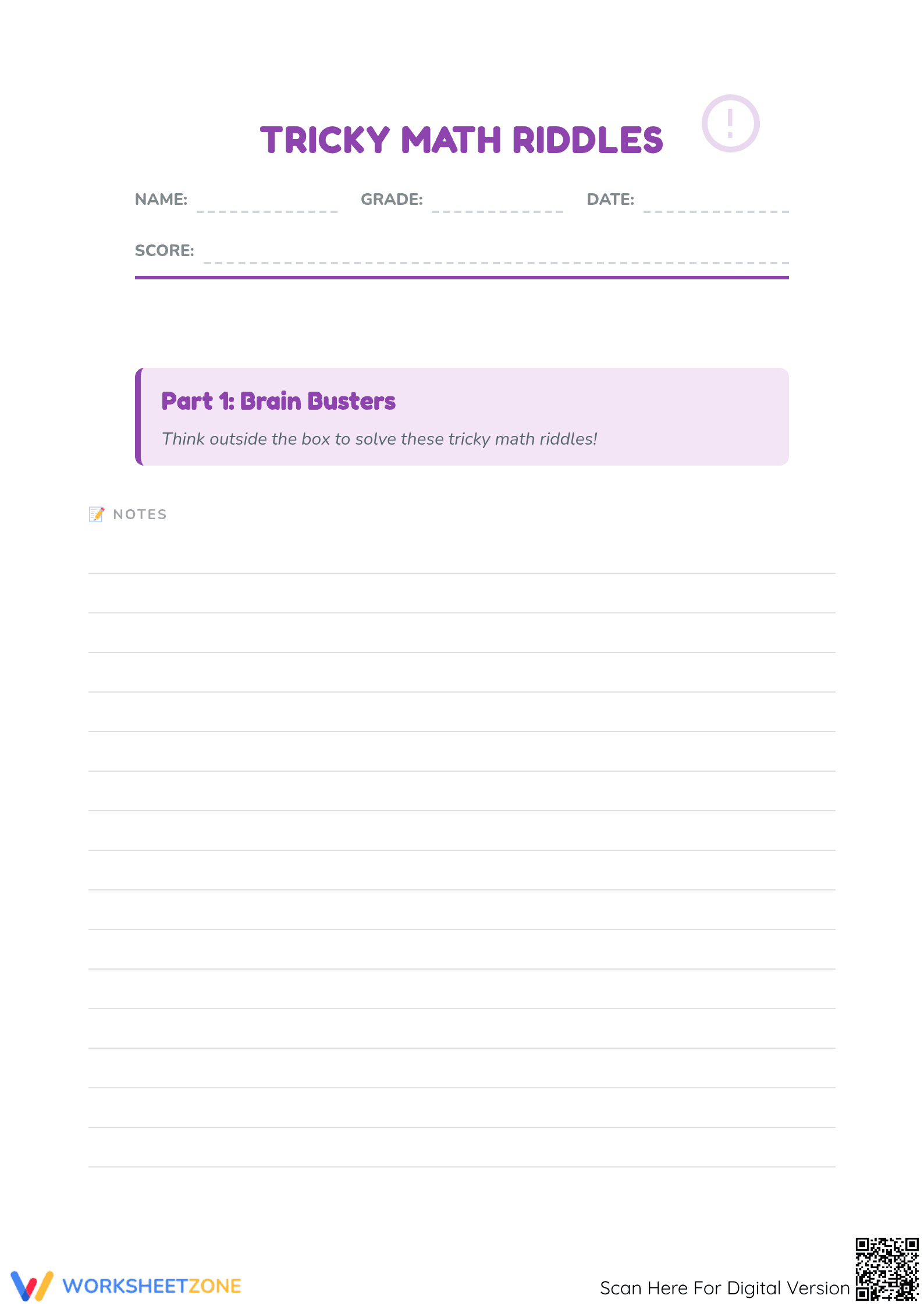 Math Riddles Worksheet | Printable Grade 3-4 Logic - Page 1