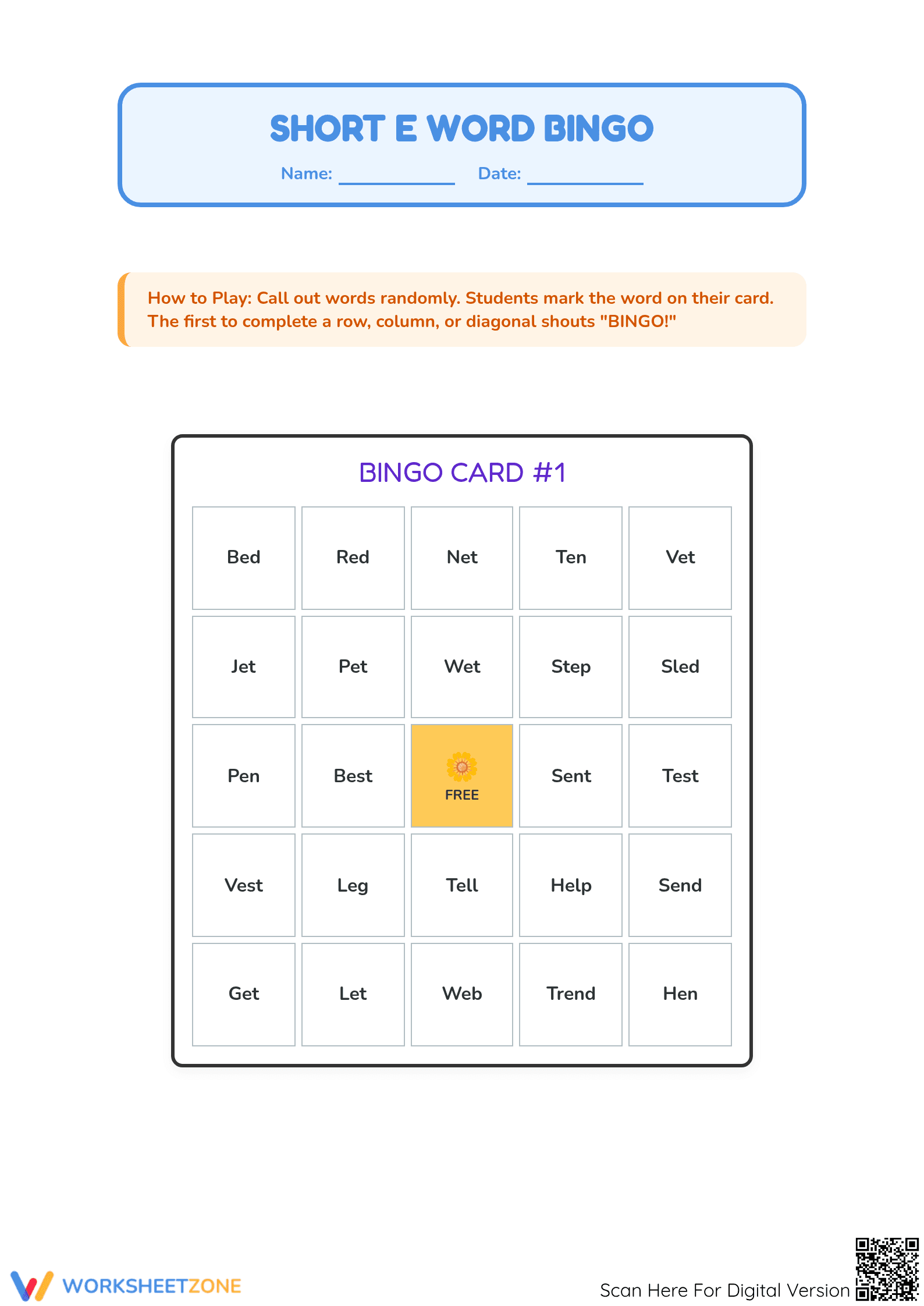 Printable Short E Bingo Game | Grade 1 Phonics Fun - Page 1