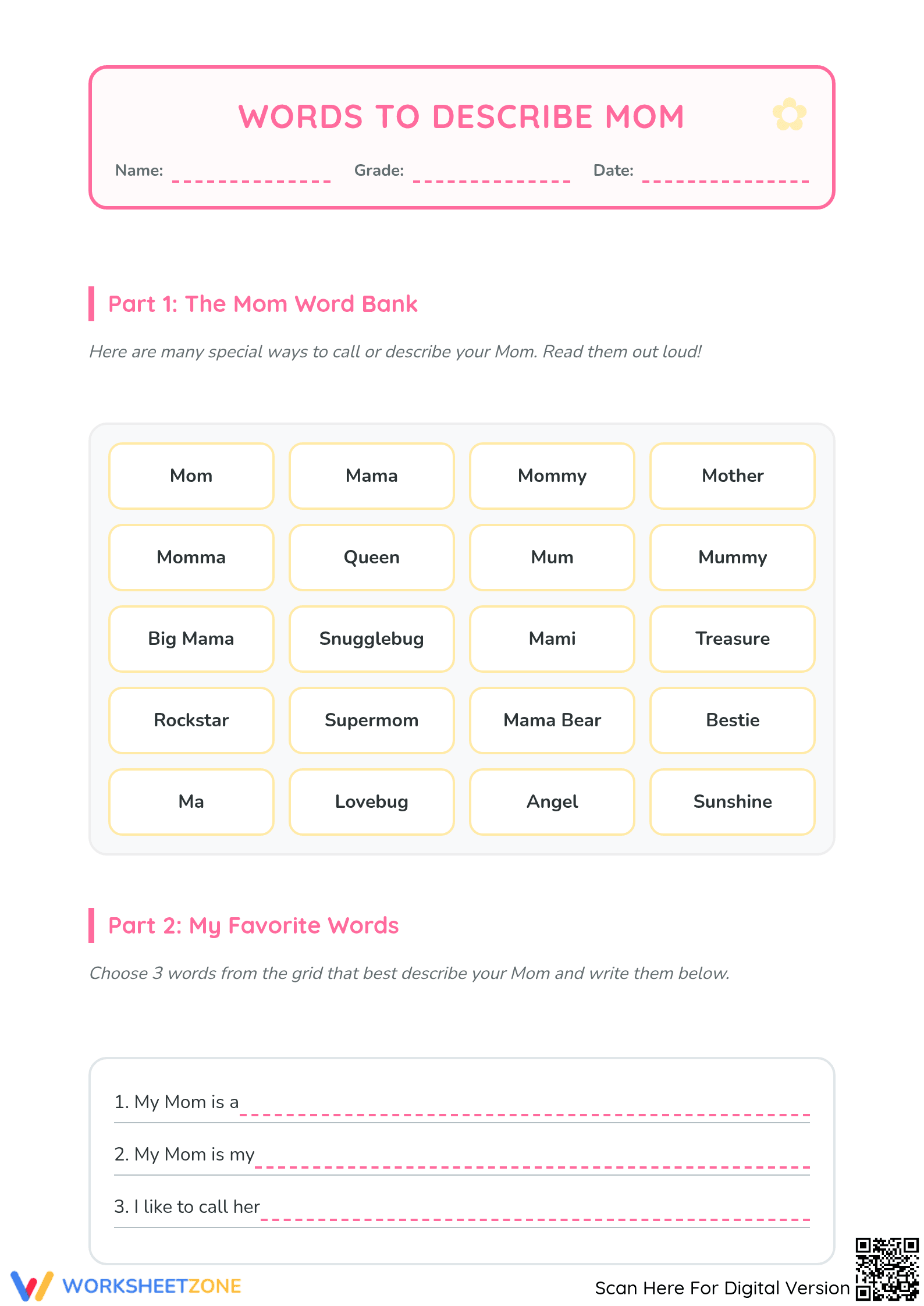 Words to Describe Mom Worksheet | Grade 1-2 Printable - Page 1