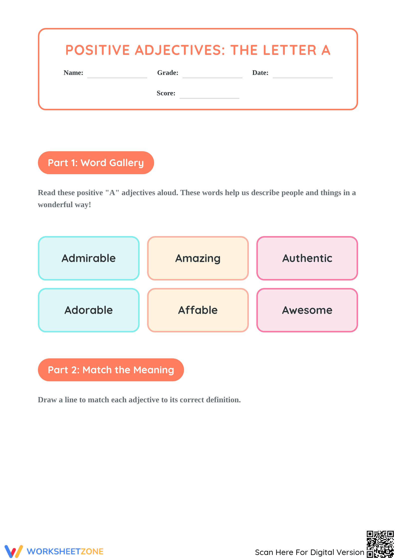 Grade 3 Positive Adjectives Worksheet | Essential A-Words - Page 1
