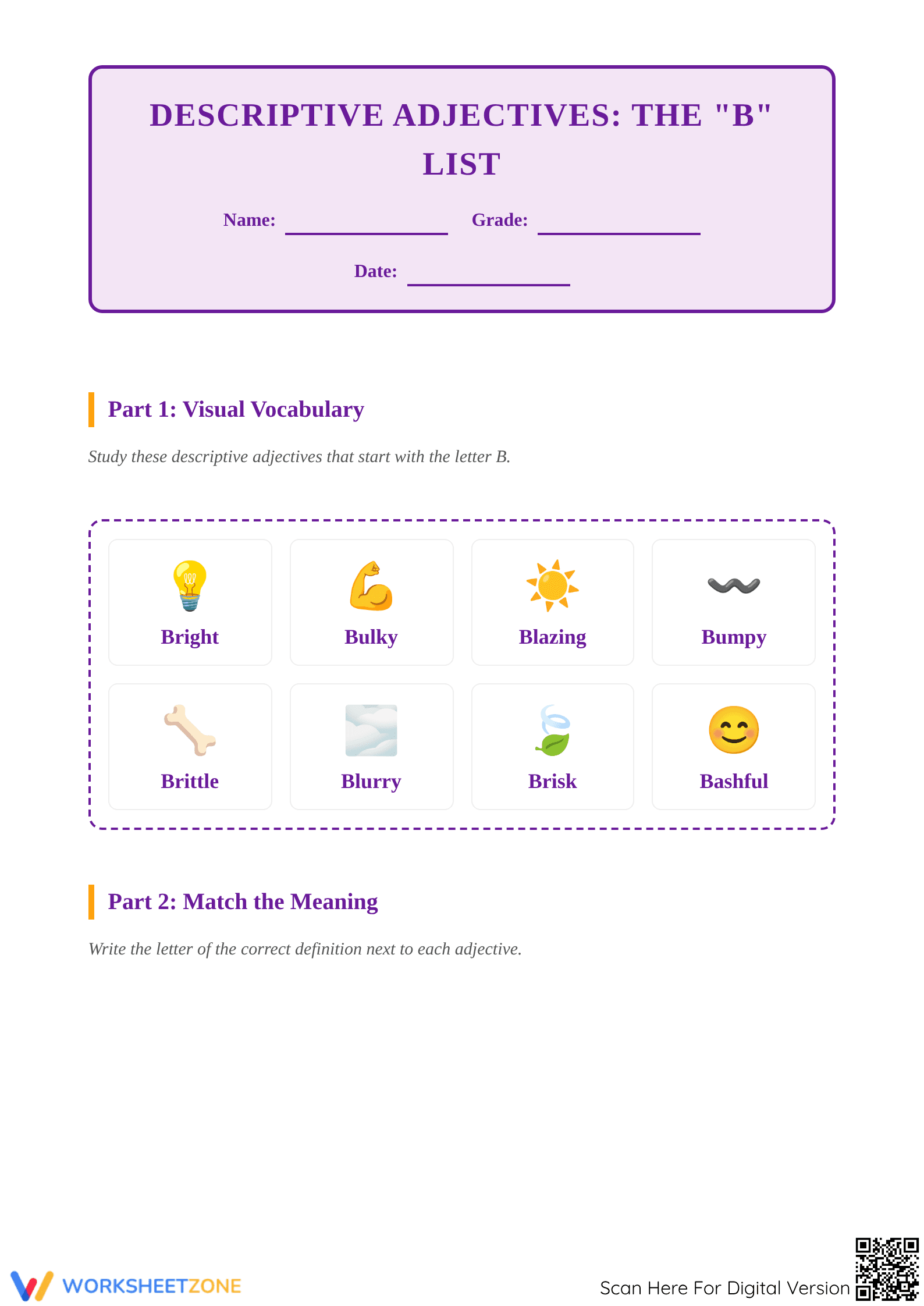 Essential Descriptive Adjectives Starting with B - Page 1
