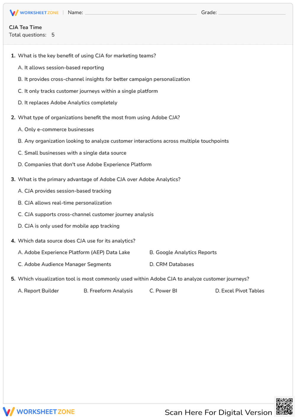 Adobe CJA Quiz — Printable College Analytics Worksheet - Page 1