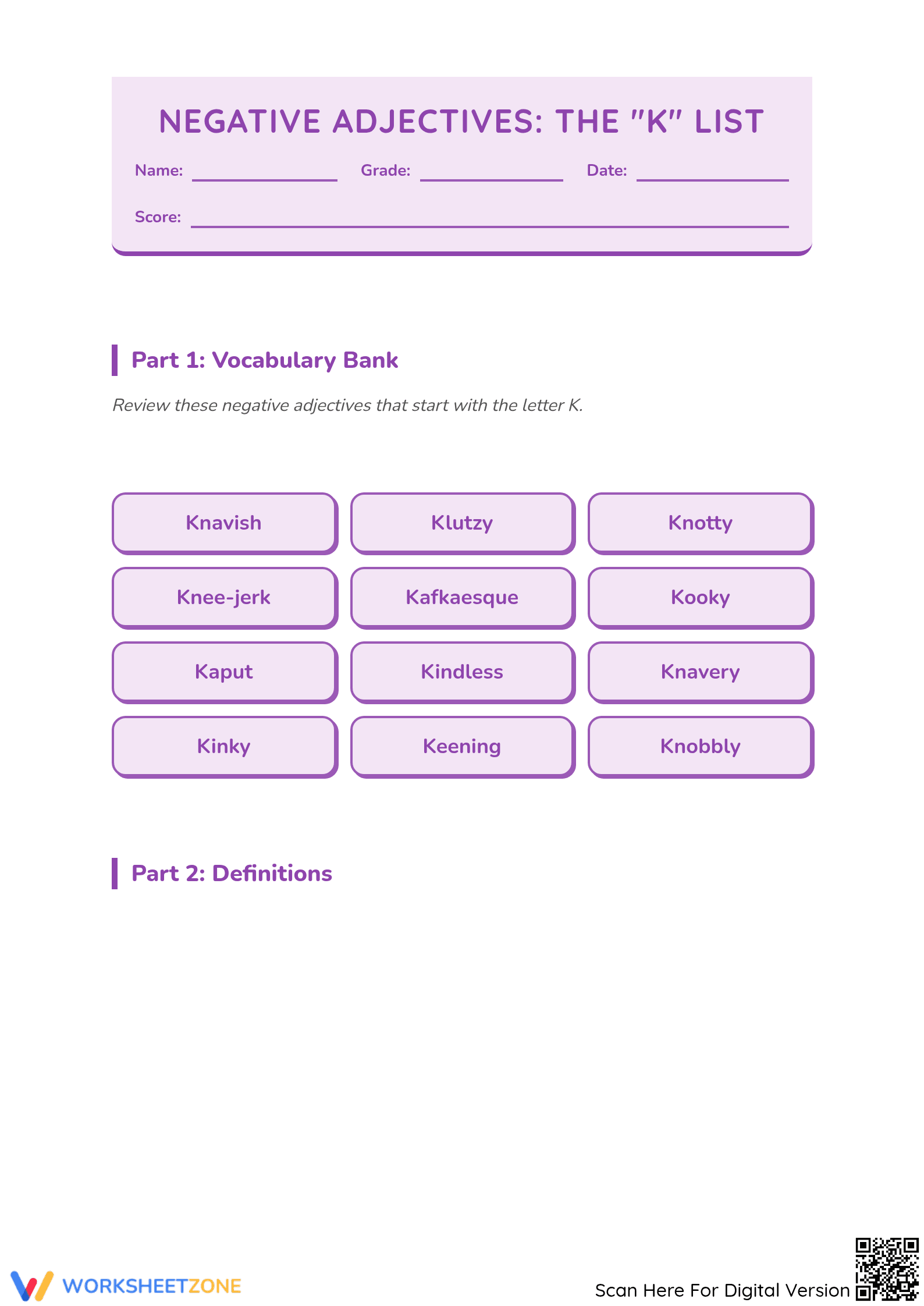 Negative Adjectives That Start with K | Grade 4 Printable - Page 1