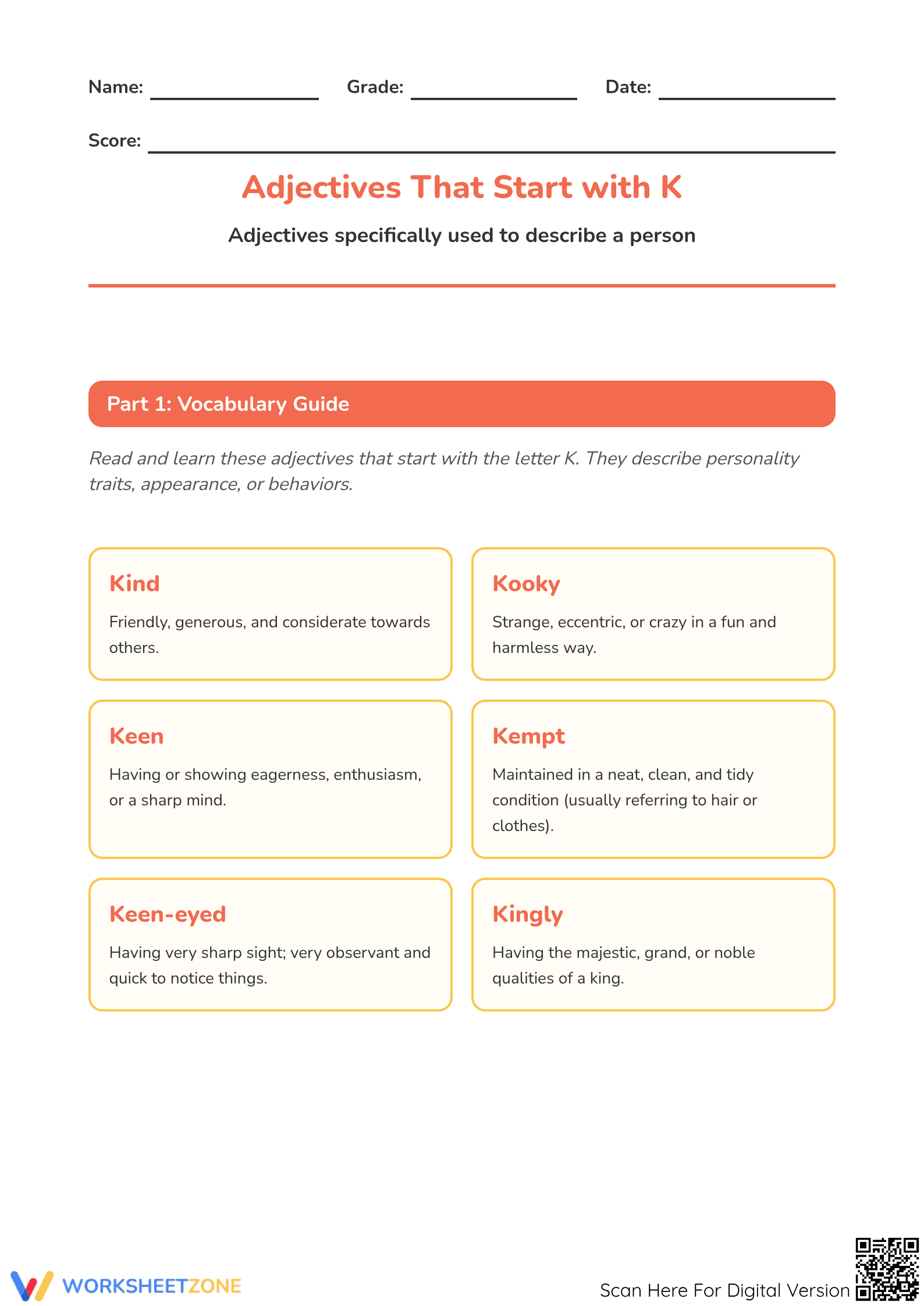 Adjectives Starting with K | Grade 3-4 Essential Practice - Page 1