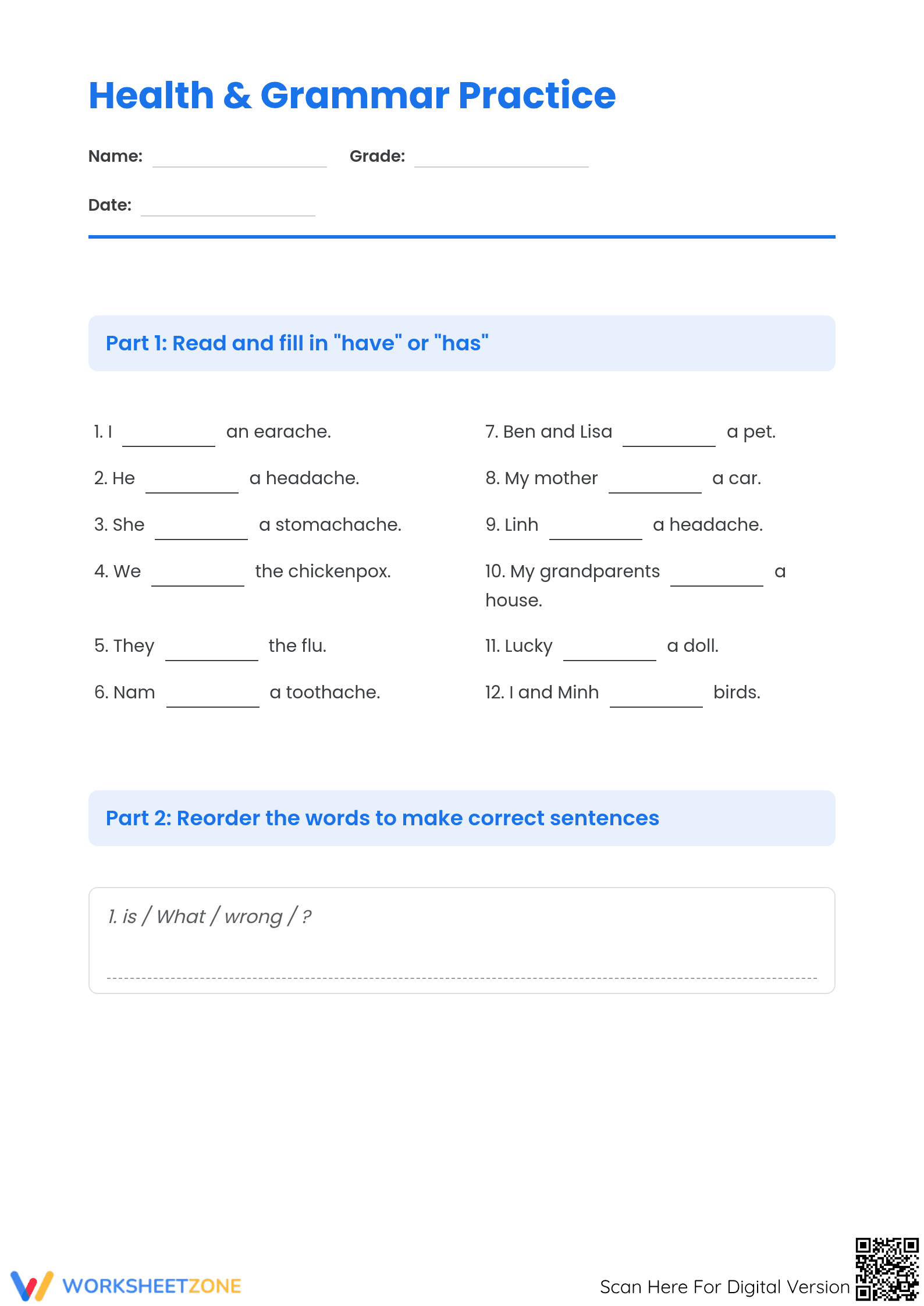 Grade 5 Health Grammar — Printable No-Prep Worksheet - Page 1