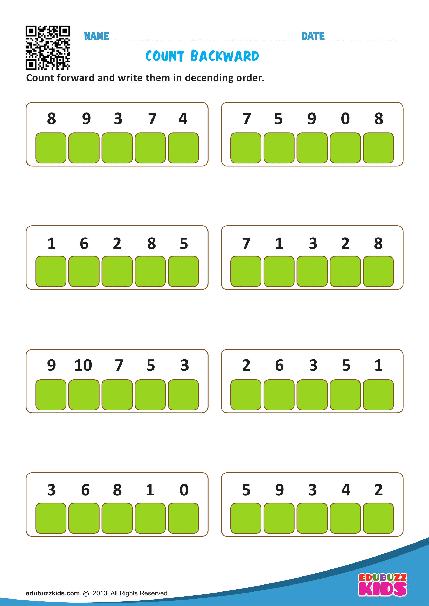 Descending Order Worksheet – Count Backward from 10 - Page 1