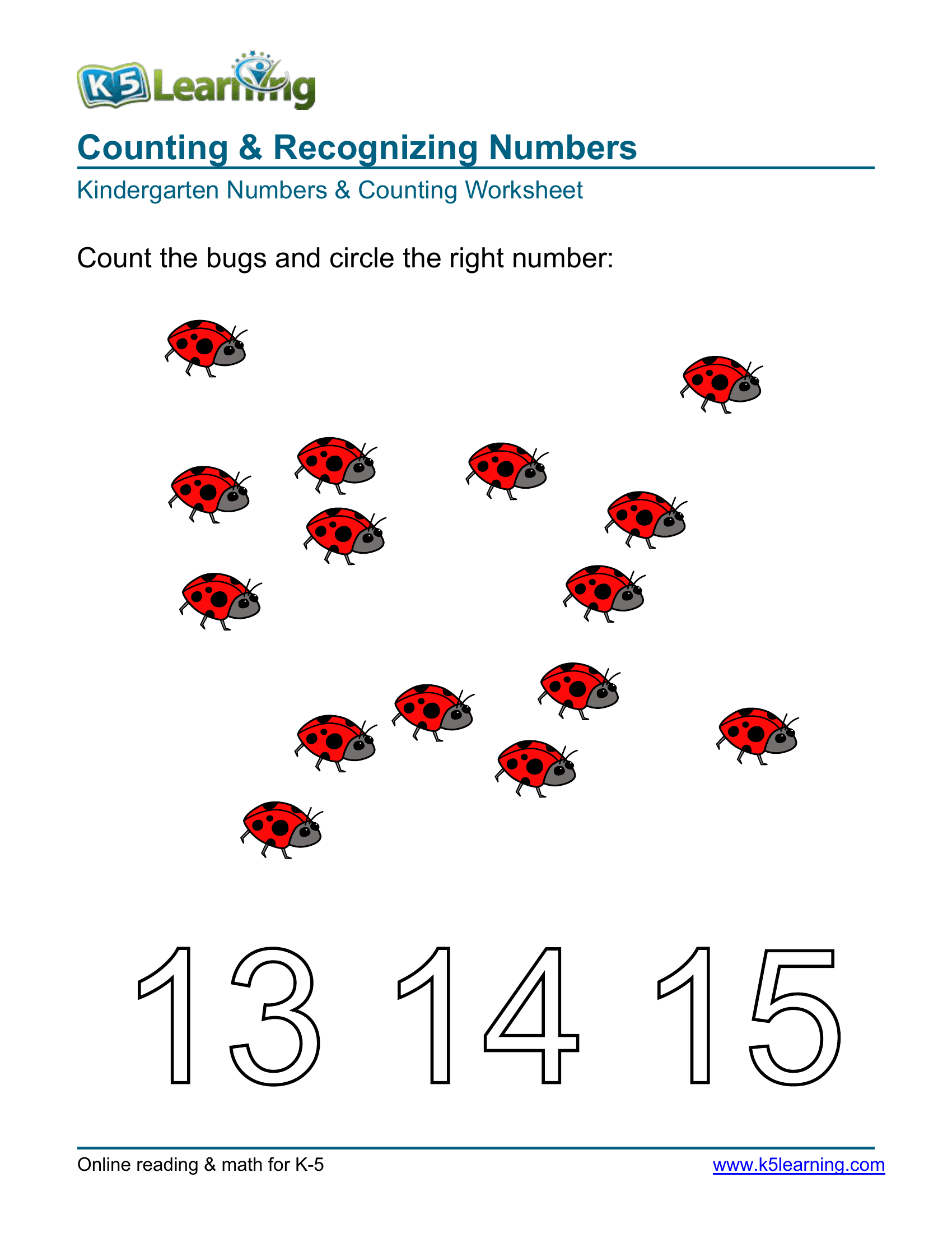 Ladybug Counting Worksheet for Kindergarten – Numbers 13 to 15 - Page 1