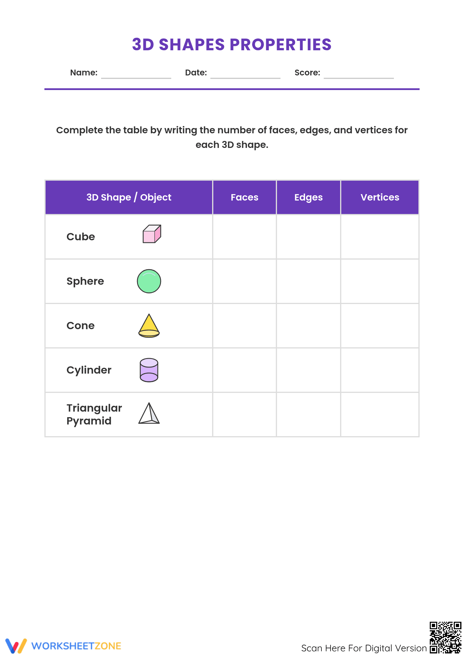 Grade 2 3D Shapes Properties — Printable No-Prep Worksheet - Page 1