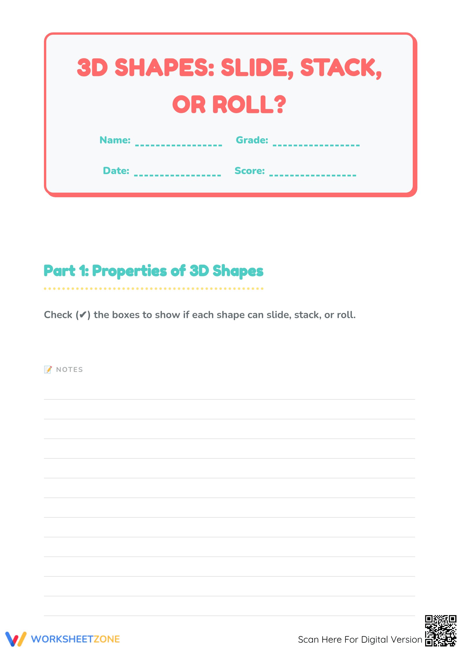 Grade K 3D Shapes — Printable No-Prep Worksheet - Page 1
