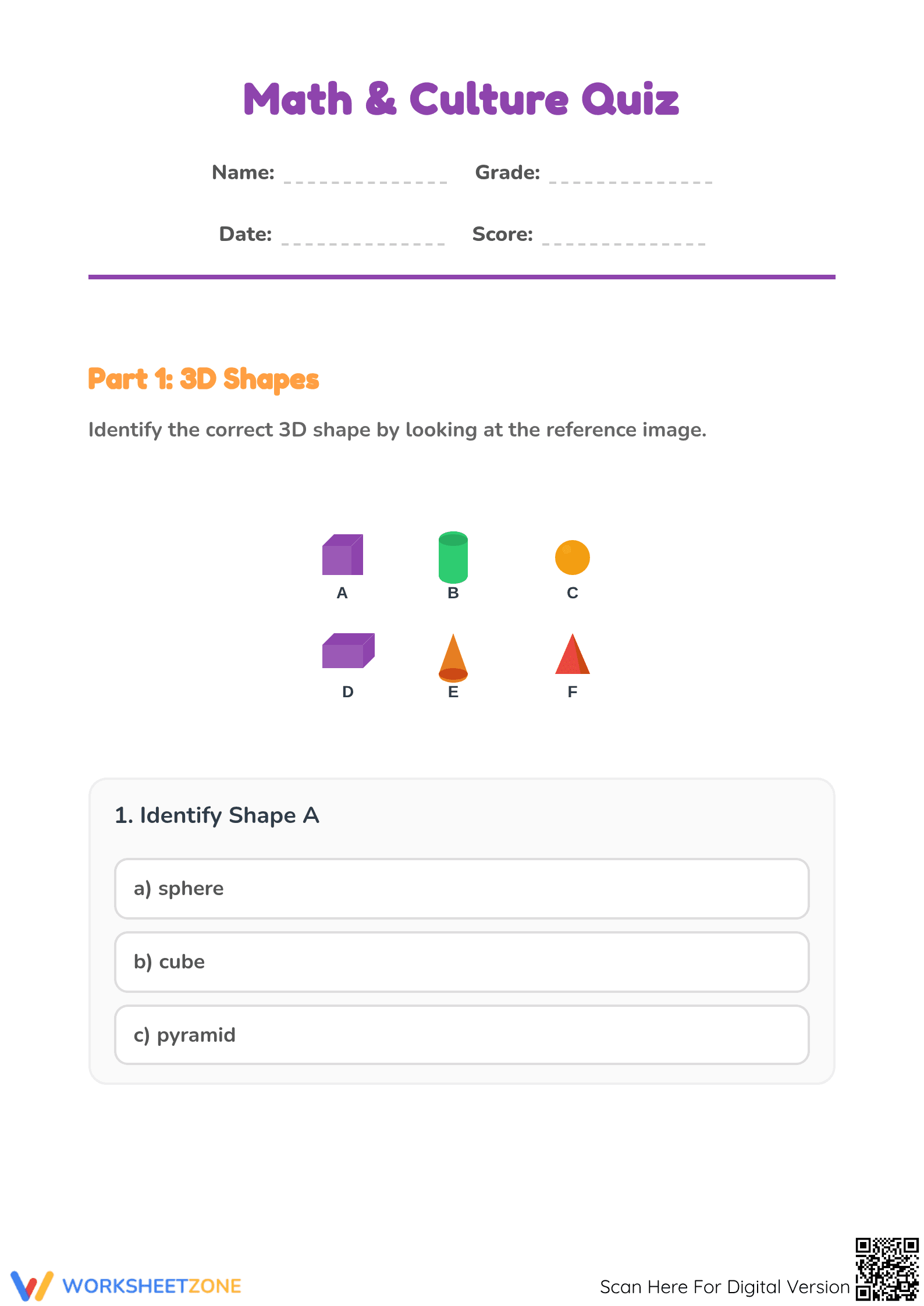Printable CCSS.1.G.A.1: 3D Shapes — Grade 1 - Page 1