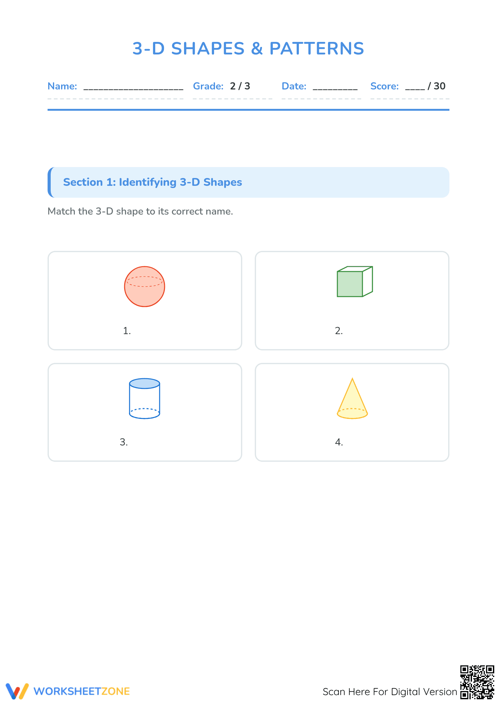 Printable 3-D Shapes Worksheet | Grade 2 Math - Page 1