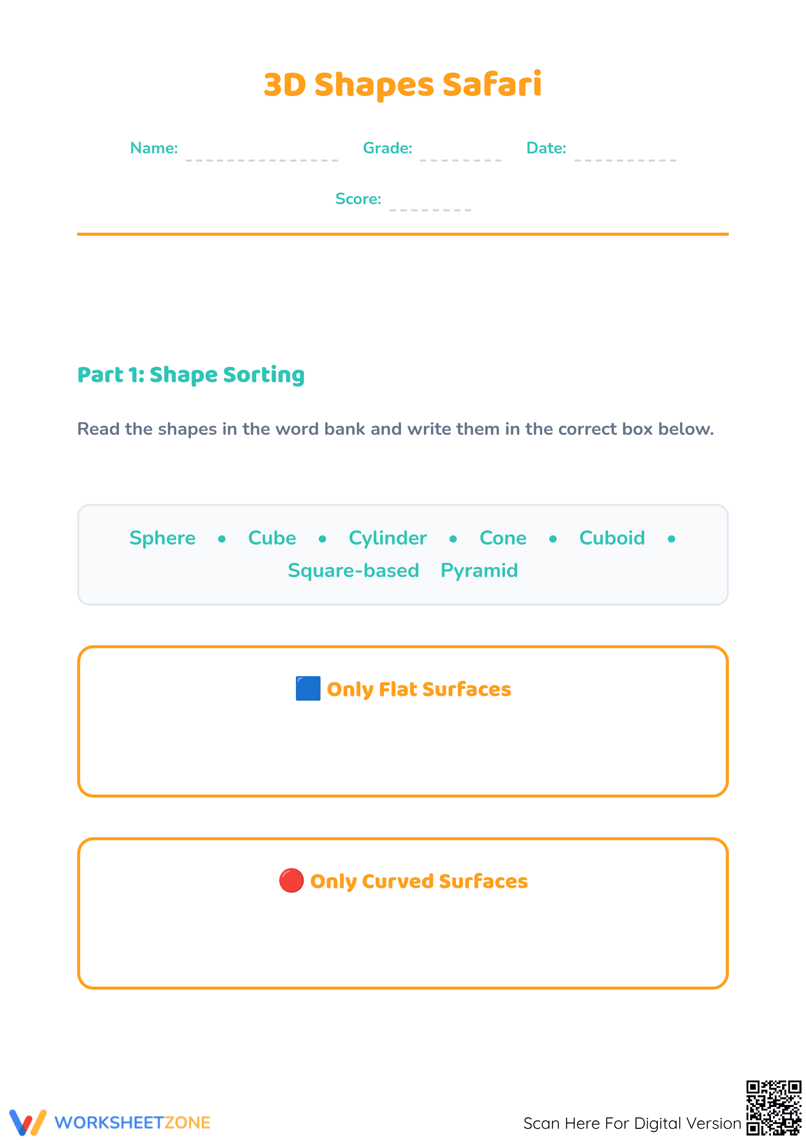 Printable 3D Shapes Worksheet | Grade K-1 Geometry - Page 1