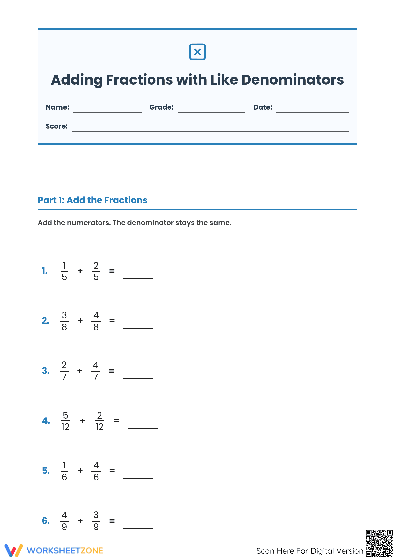 Printable Adding Fractions Worksheet | Grade 4 Math - Page 1