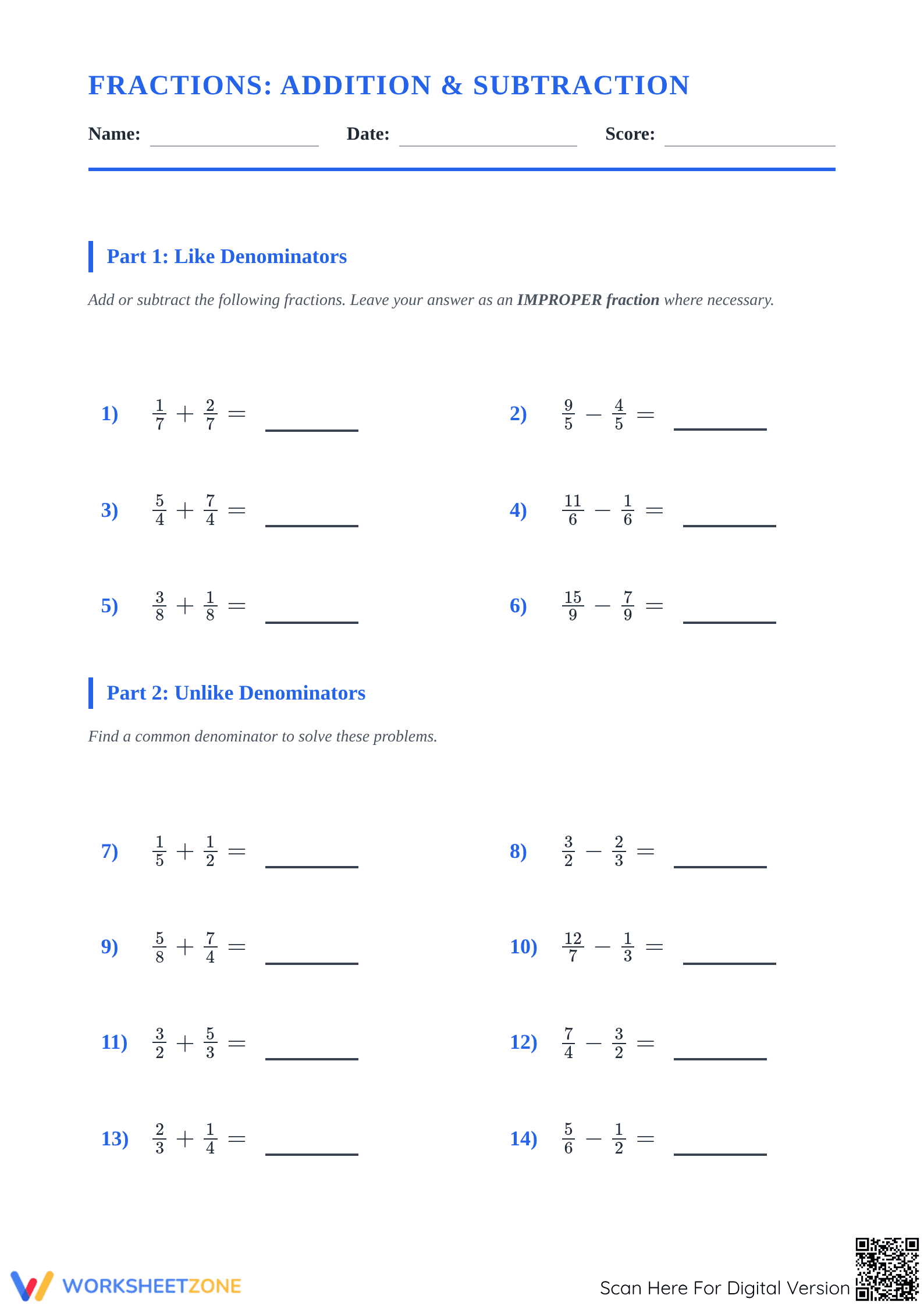 Printable Fraction Addition and Subtraction Worksheet - Page 1