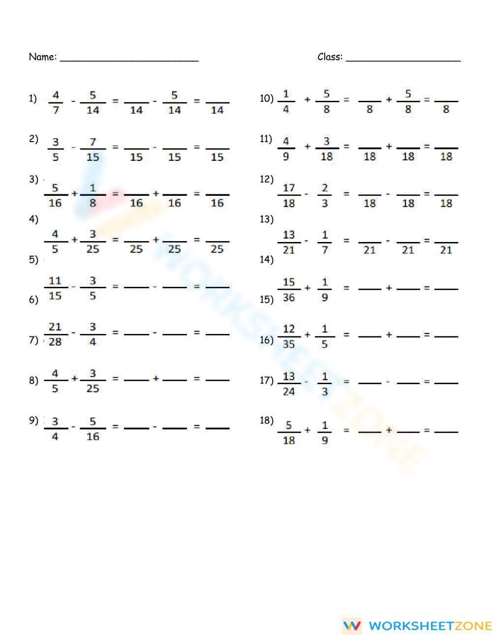 Fractions with Different Denominators Worksheet - Page 1