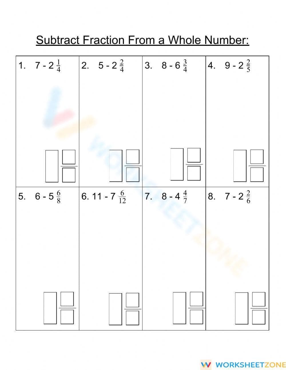 Subtract Fraction from a Whole Number - Page 1