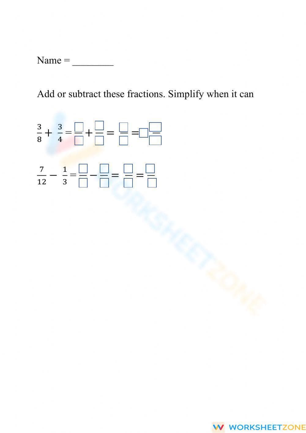 Add & Subtract Fractions Review Quiz - Page 1