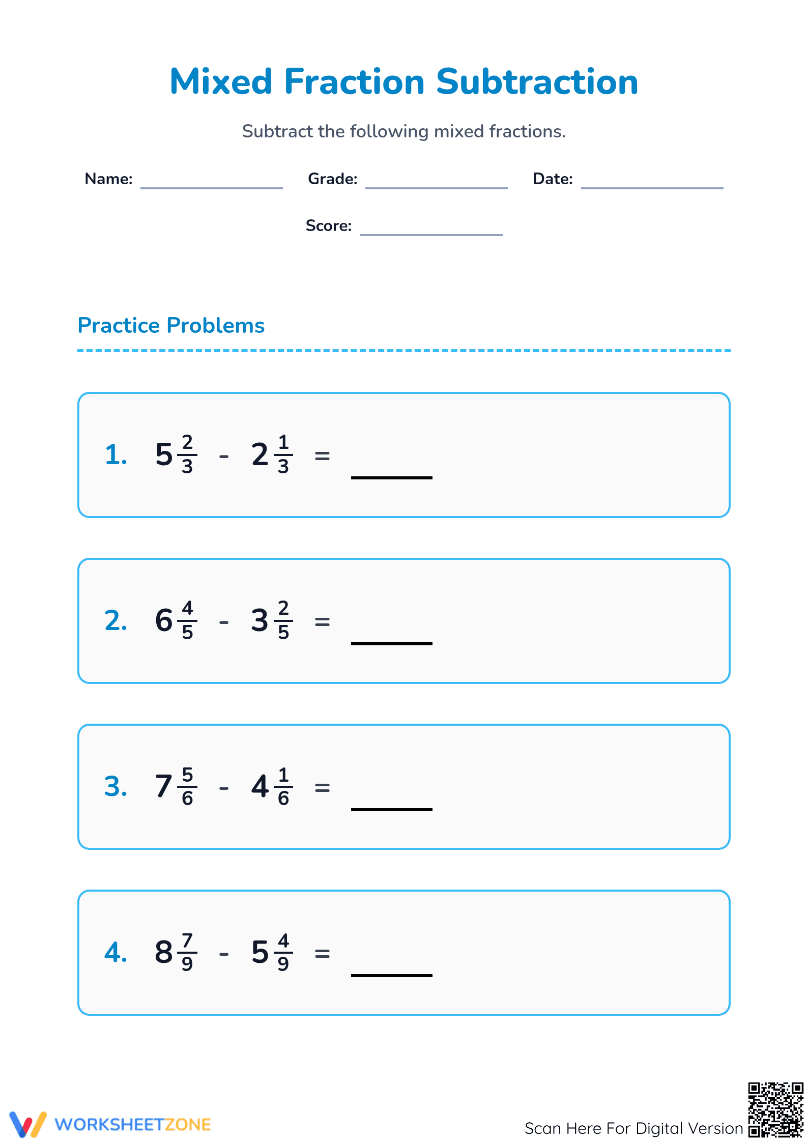 Essential Mixed Fraction Subtraction Worksheet | Grade 5 - Page 1