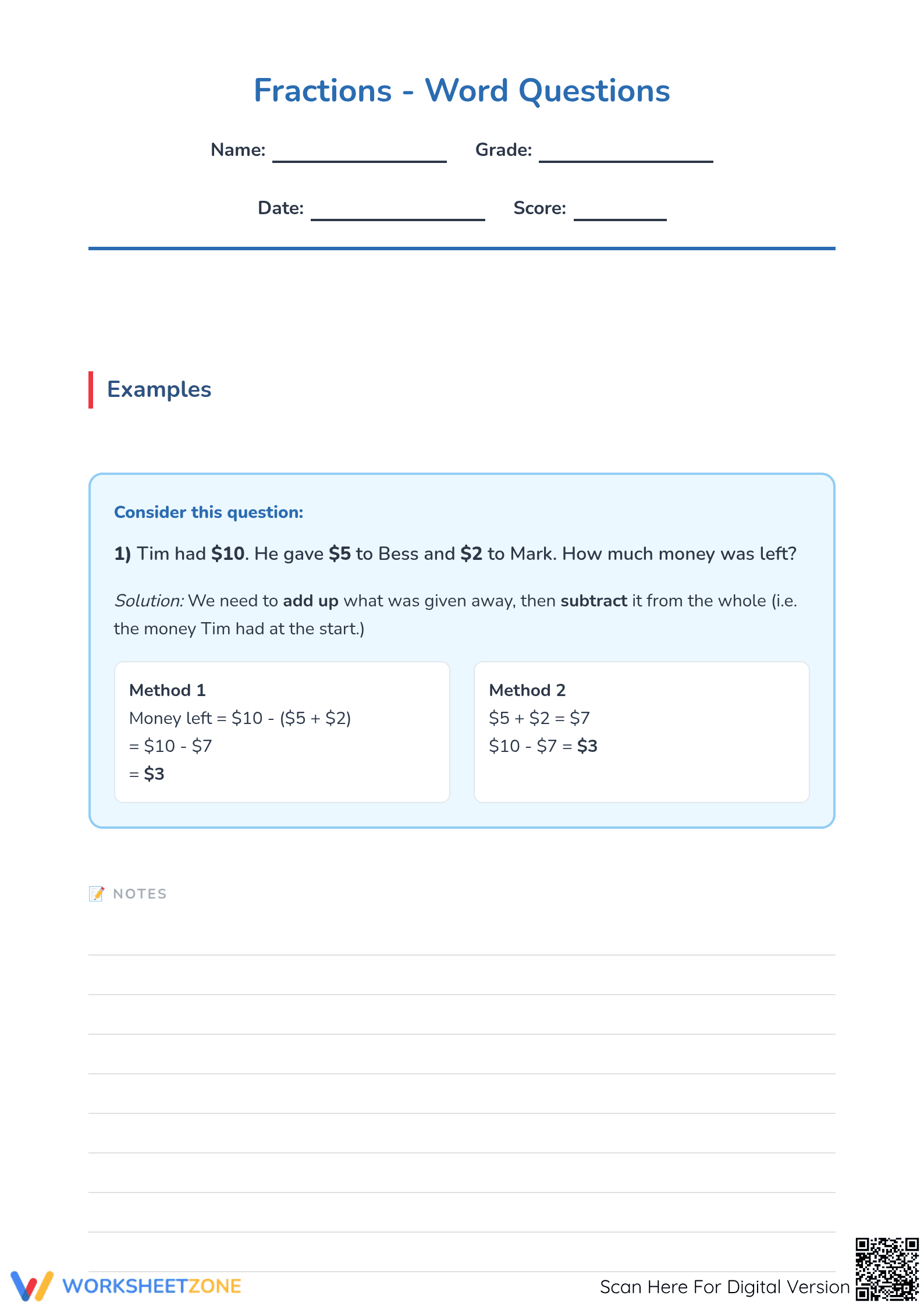 Essential Fraction Word Problems Worksheet | Grade 5 Math - Page 1