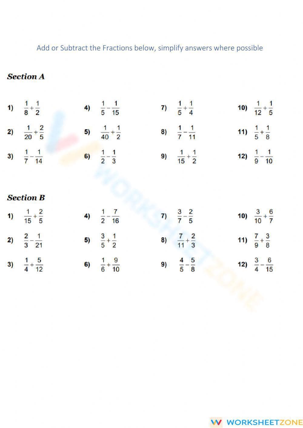 Fractions: Addition & Subtraction Quiz - Page 1