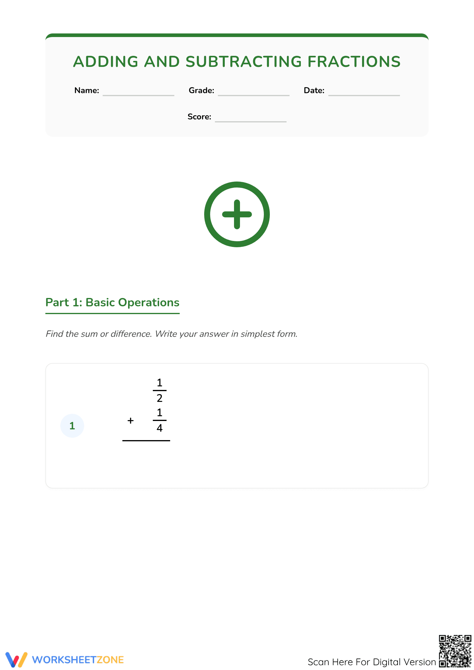 Printable Adding & Subtracting Fractions Worksheet | Grade 5 - Page 1