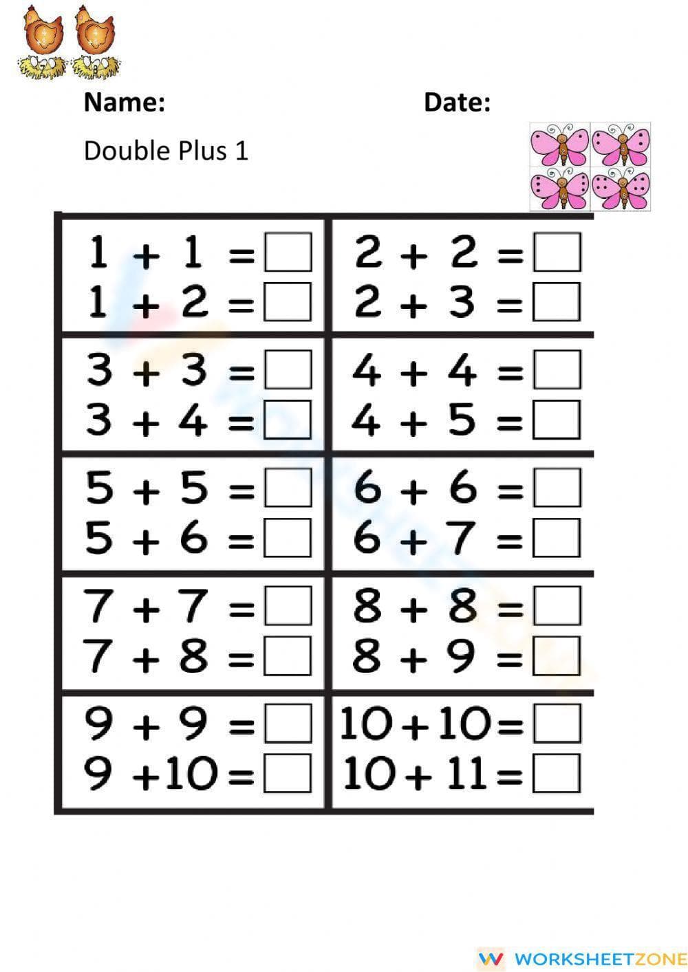 Doubles Plus 1: Addition Practice Worksheet - Page 1
