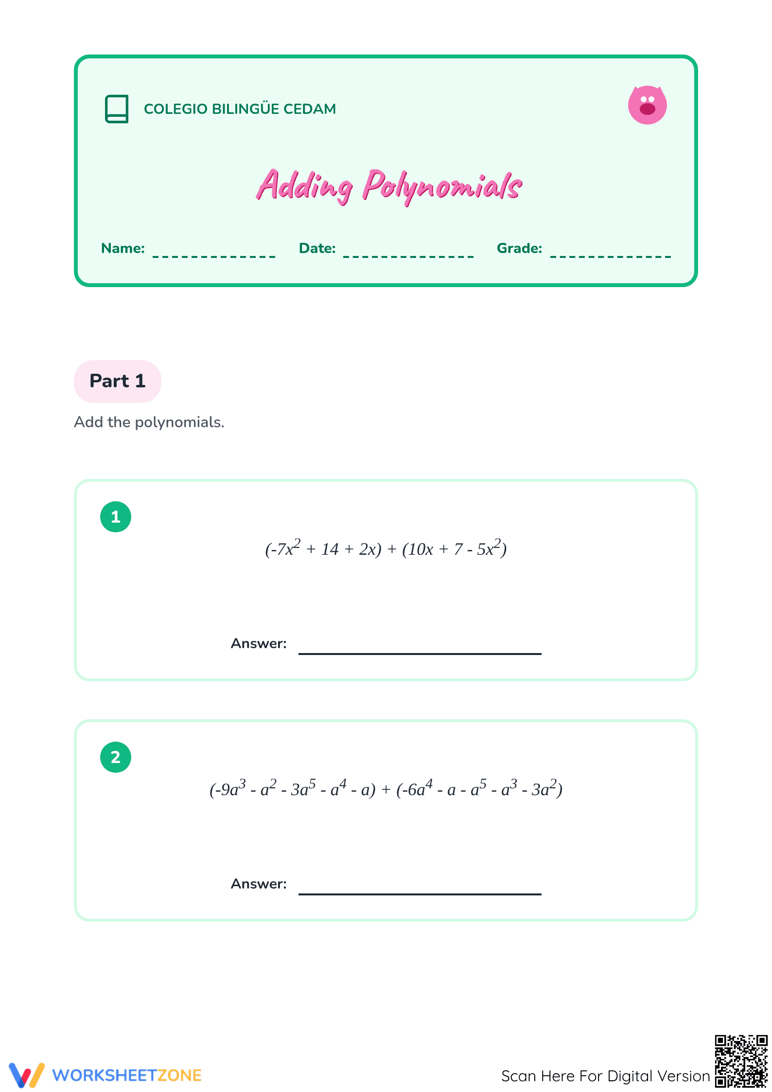 Printable Adding Polynomials Worksheet | Grade 7 Math - Page 1