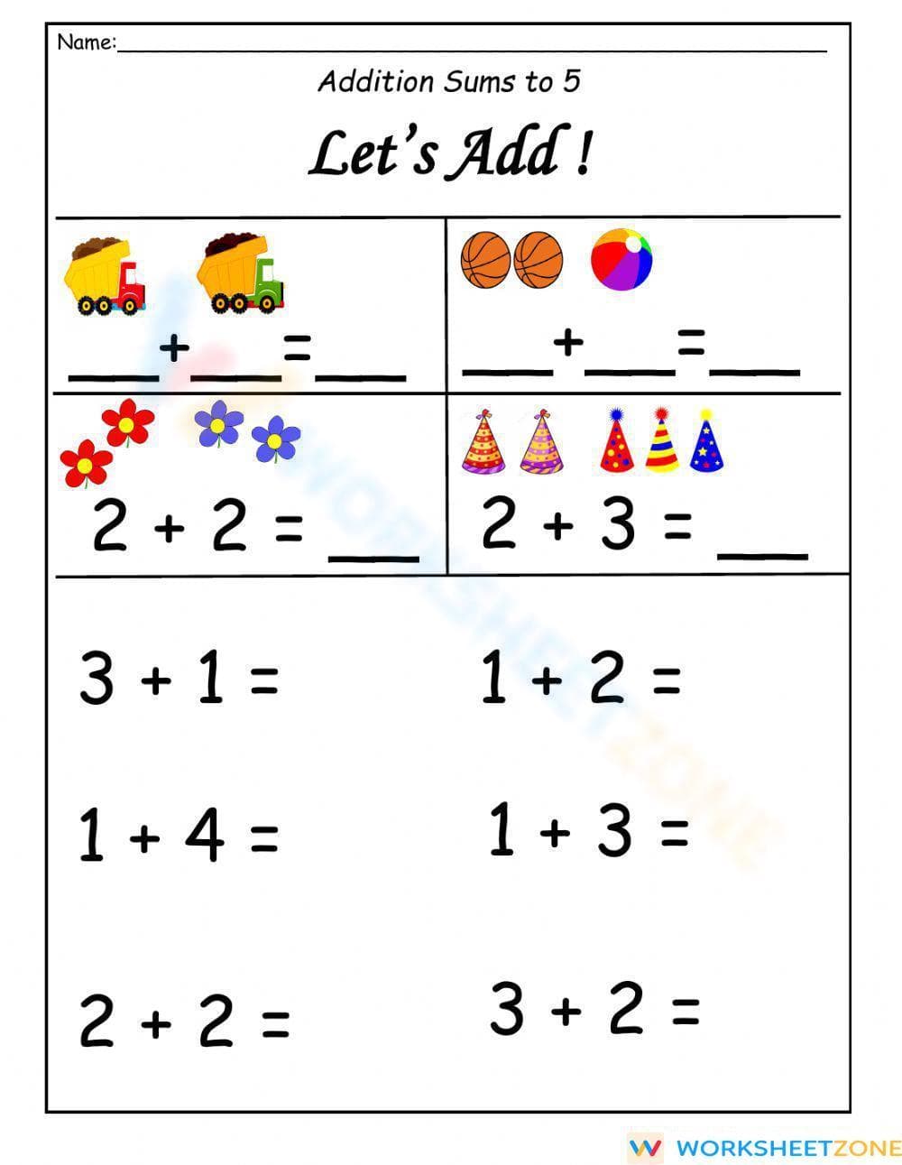 Addition Sums to 5 Worksheet - Page 1