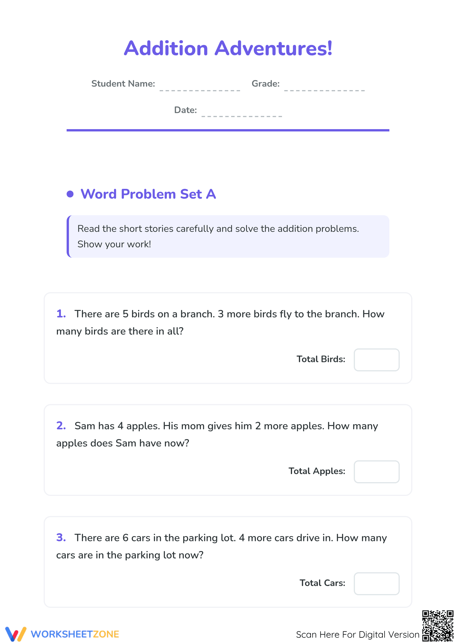 Printable Addition Word Problems | Grade 2 Math - Page 1