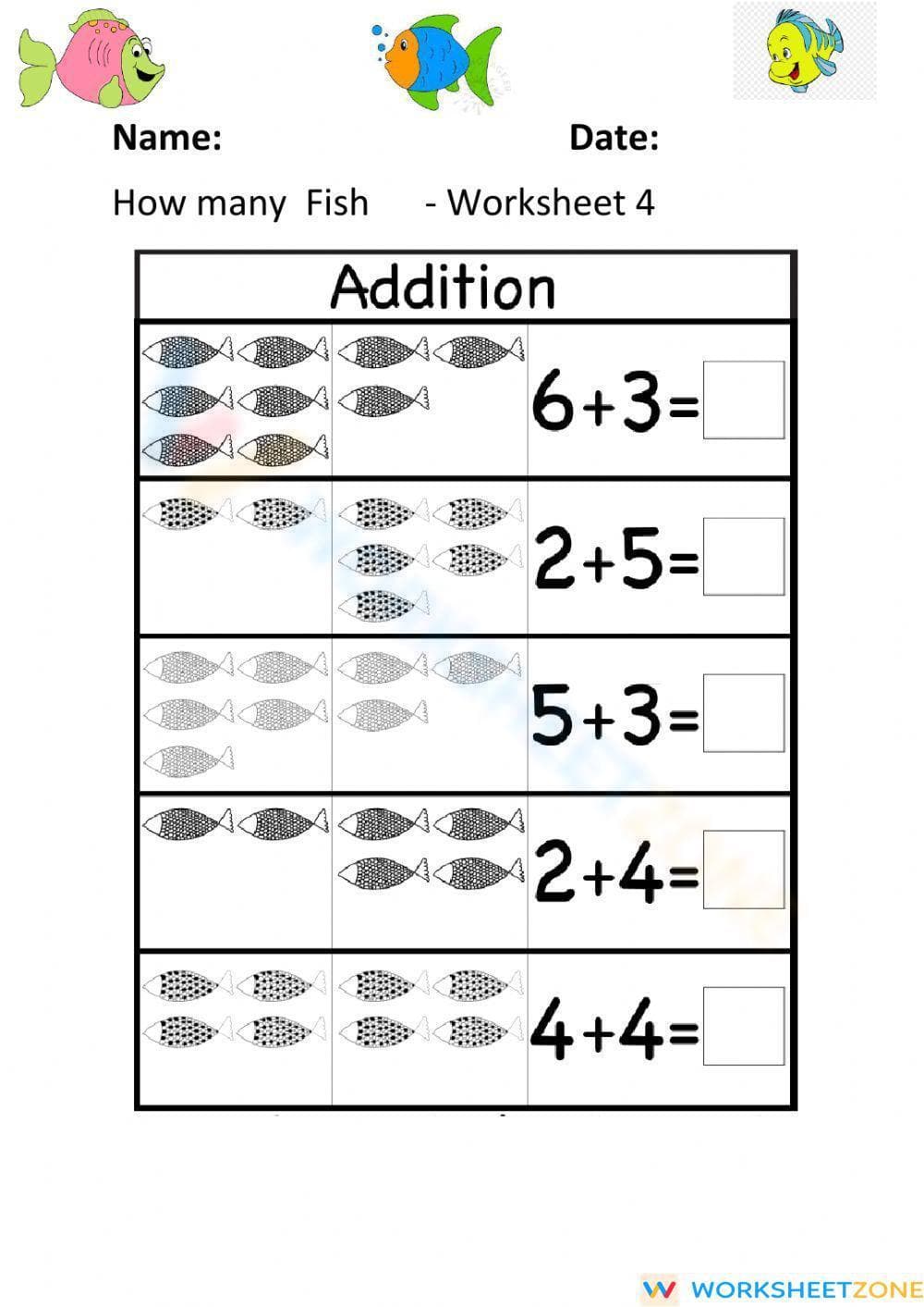 How Many Fish: Counting and Addition Worksheet - Page 1