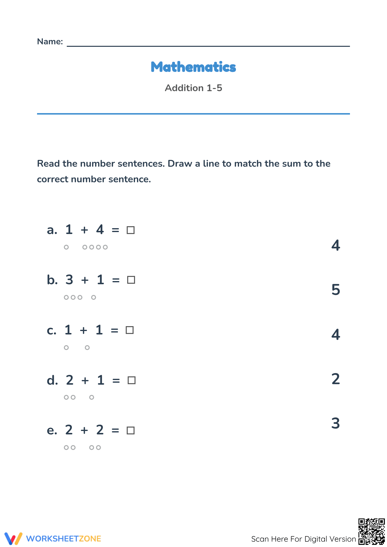 Addition 1-5 Printable Worksheet | Kindergarten Math - Page 1
