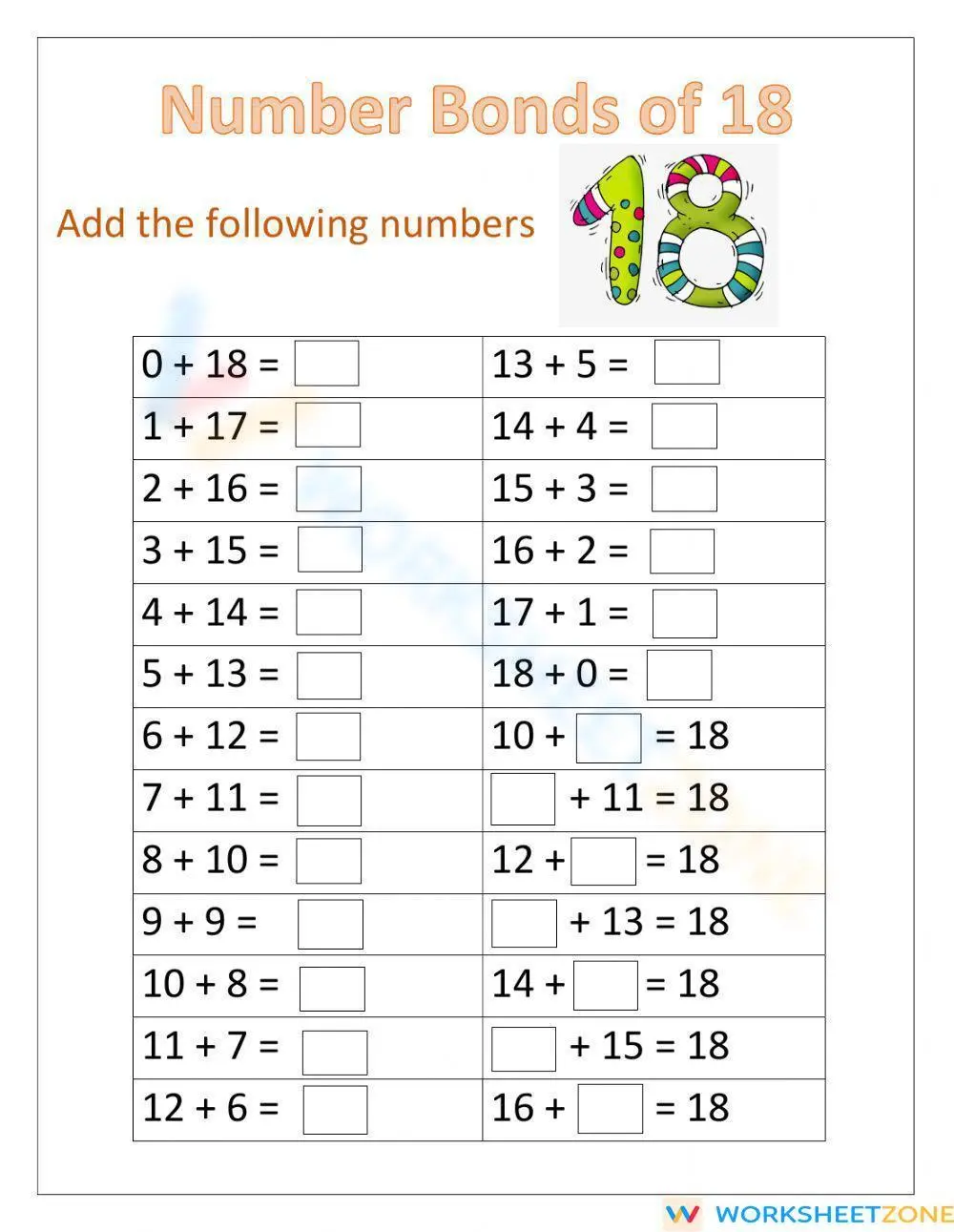 Number Bonds to 18: Math Practice Worksheet - Page 1