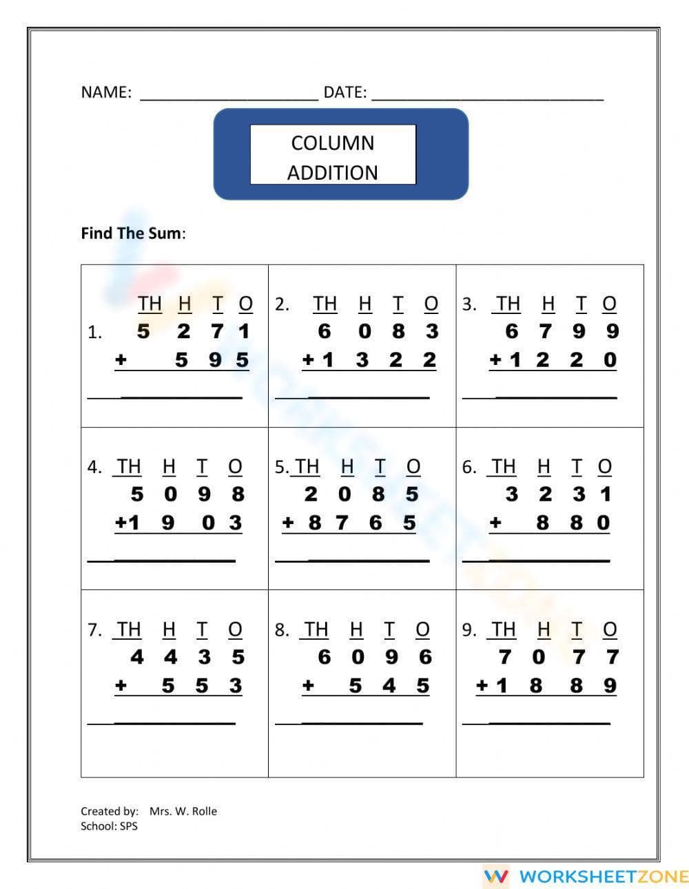 Column Addition Practice Worksheet - Page 1